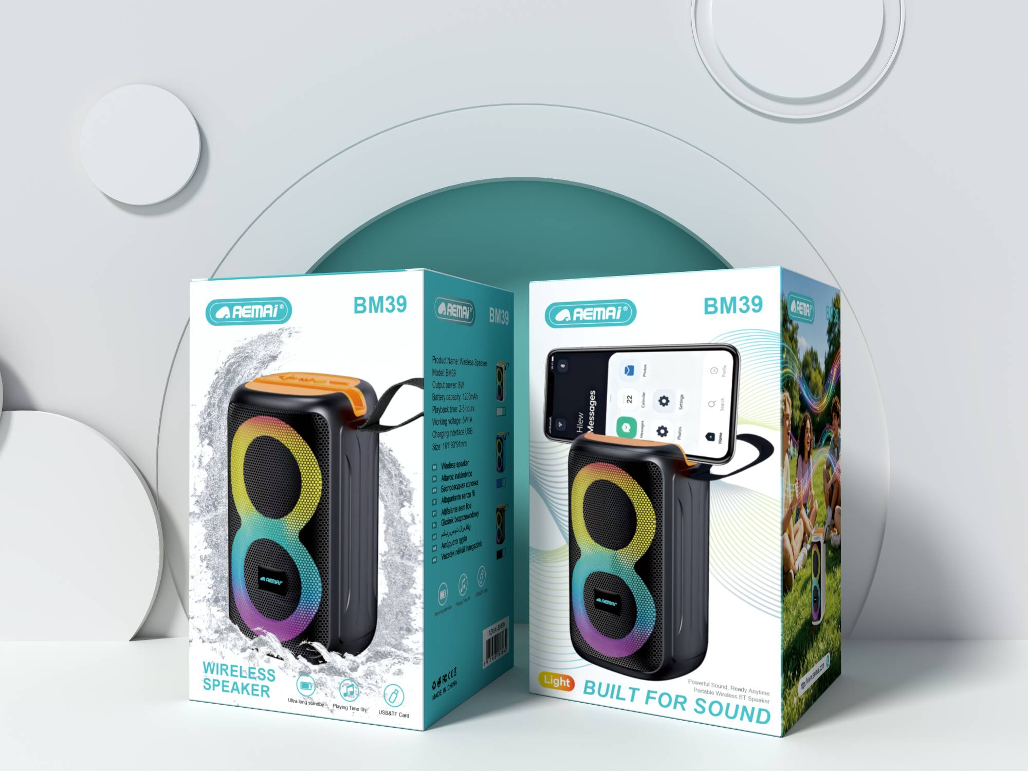 The BM39 portable Bluetooth speaker features an orange handle, colorful light strips, front control buttons, a speaker grille, a USB interface on the side, and a TF card slot. It supports Bluetooth K12 models