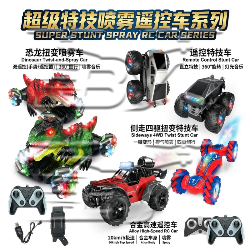 Colorful remote control speedboat, off-road climbing vehicle, spray stunt, dinosaur egg, multi-person interactive toy gun, remote control boat, electric bird combination set Specification image