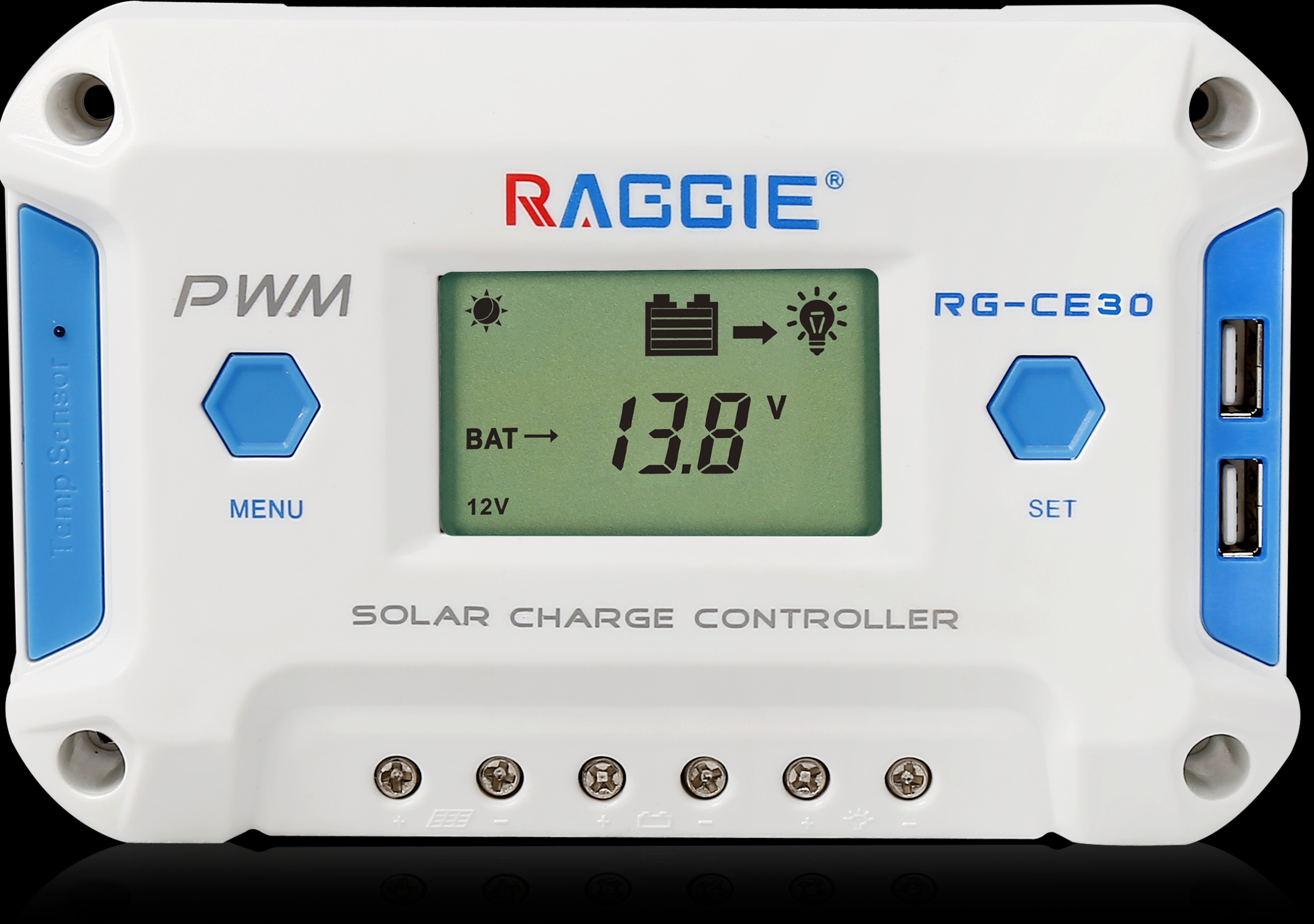 RAGGIE CE series PWM solar charging controller 50A dual USB output LCD display supports gel lead-lithium battery temperature compensation and programmable details Picture