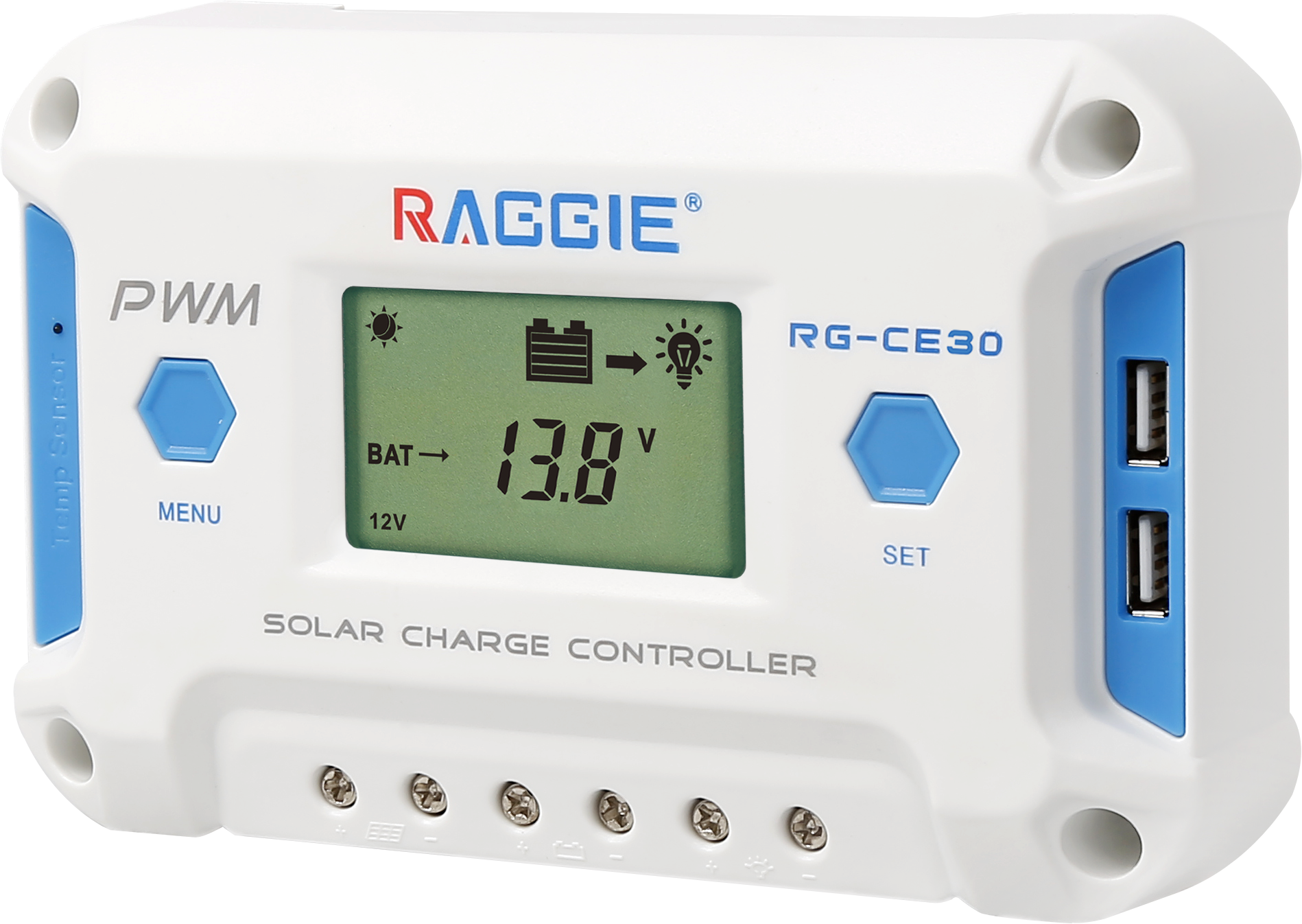 RAGGIE CE series PWM solar charging controller 60A dual USB output LCD display supports gel lead-lithium battery temperature compensation and programmable details Picture