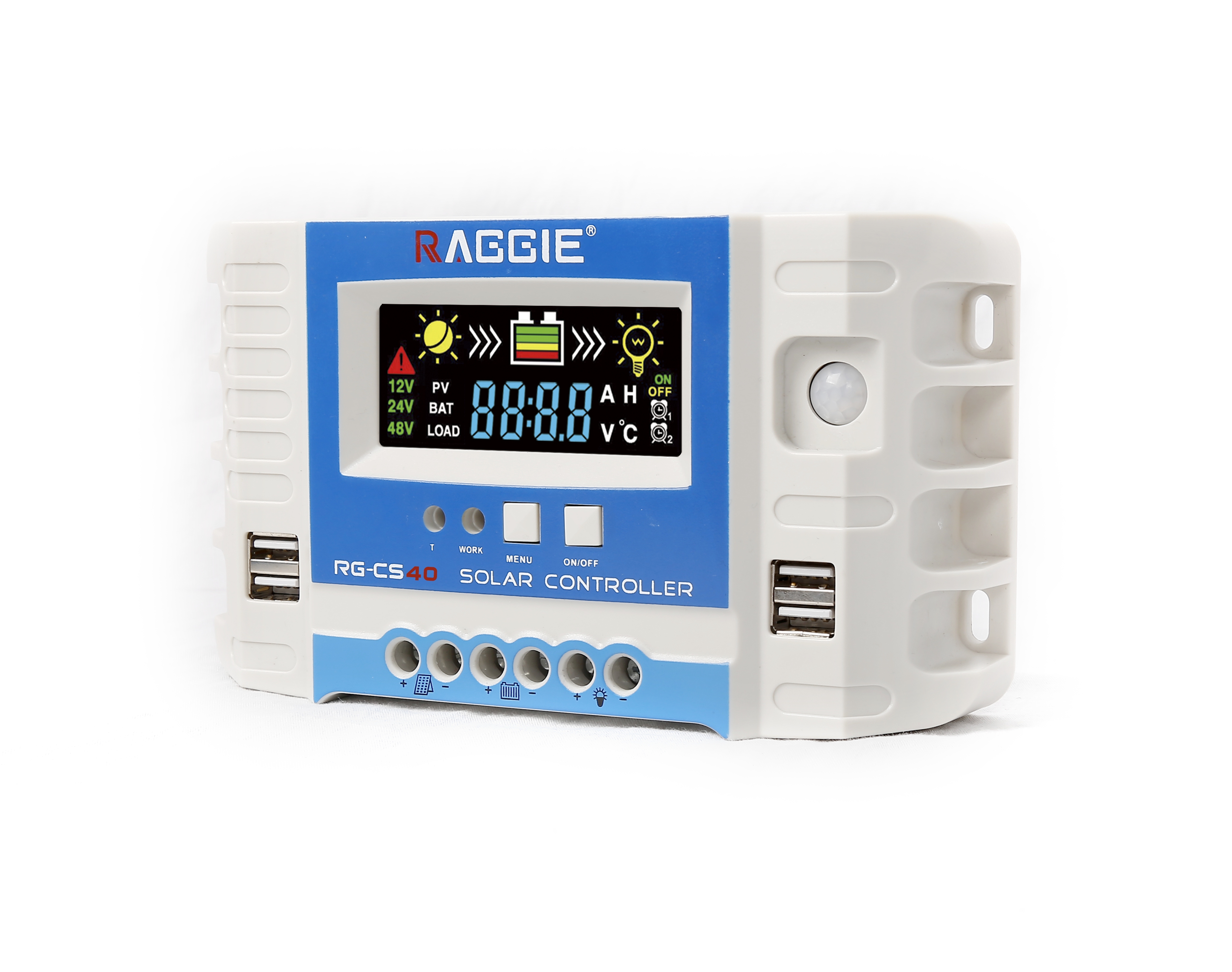 وتُظهر شاشة الإنتاج 4V24 V من طراز Rggie CS 50A 50A PWM، وهي وحدة تحكم تعمل بالطاقة الشمسية، 4USB، الفلطية الفلطية الفولطية داخل المنزل