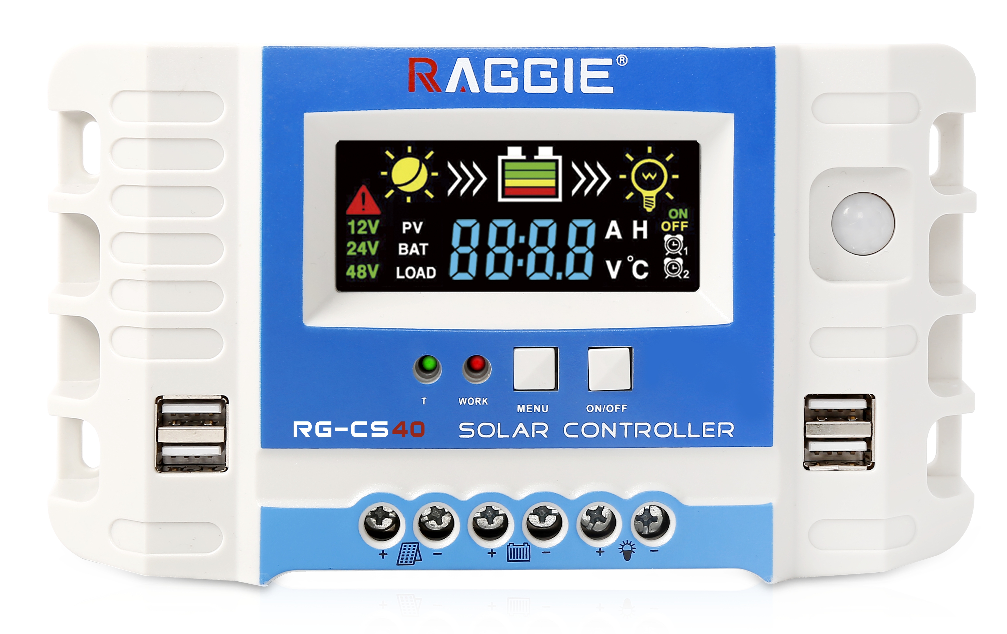 RAGGIE CS series 60A PWM solar controller, 4USB output, color screen, 12V / 24V display, current and voltage, light control function, home off-grid photovoltaic Specification image