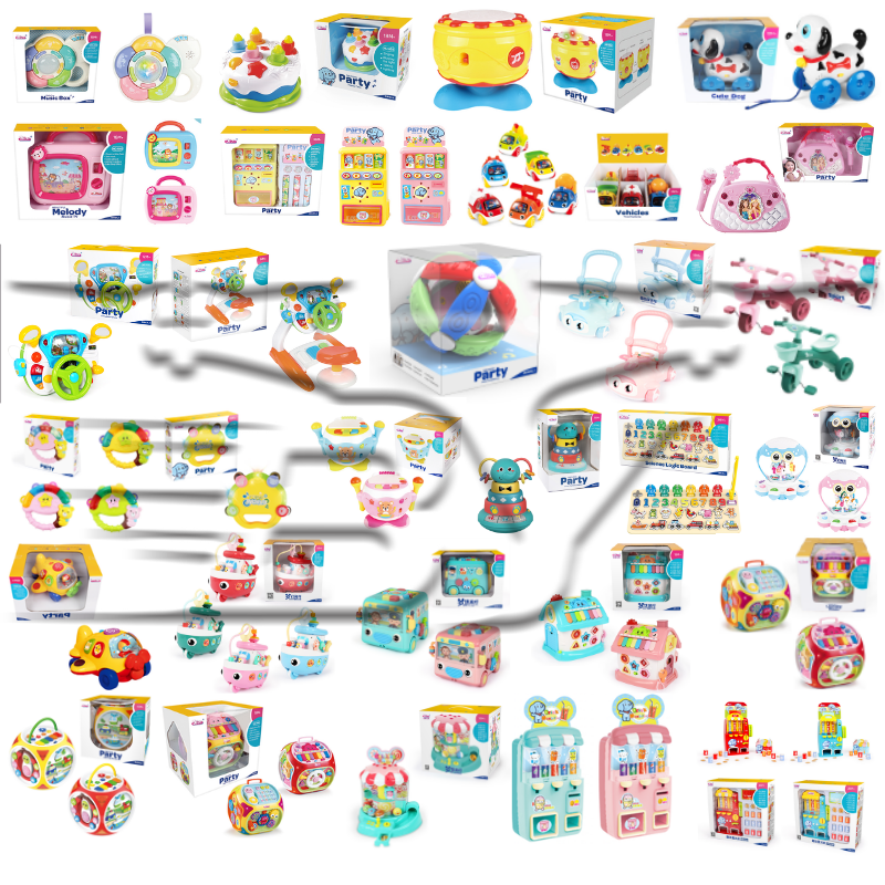 Colorful children's educational toy set, music box, drum cart, building blocks, rotating ball, rattle, shape matching