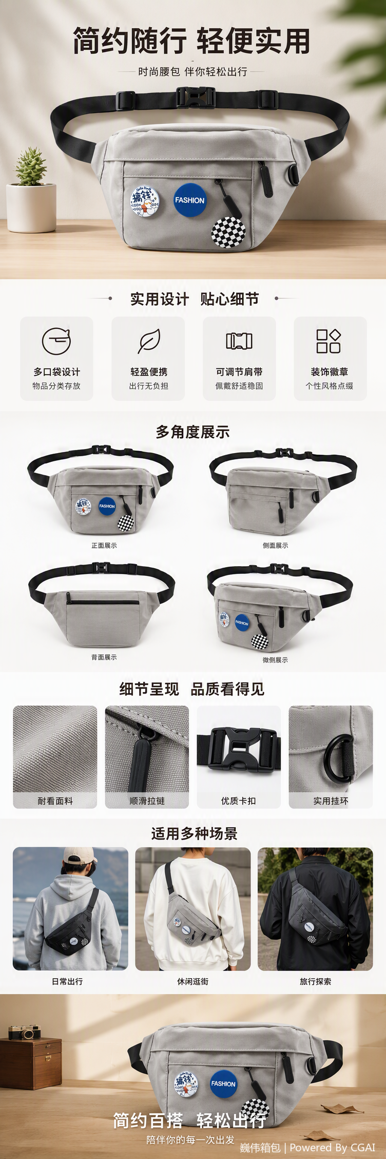 A multi-functional fashionable casual waist bag, a versatile crossbody bag for both men and women's sports trends Item Picture