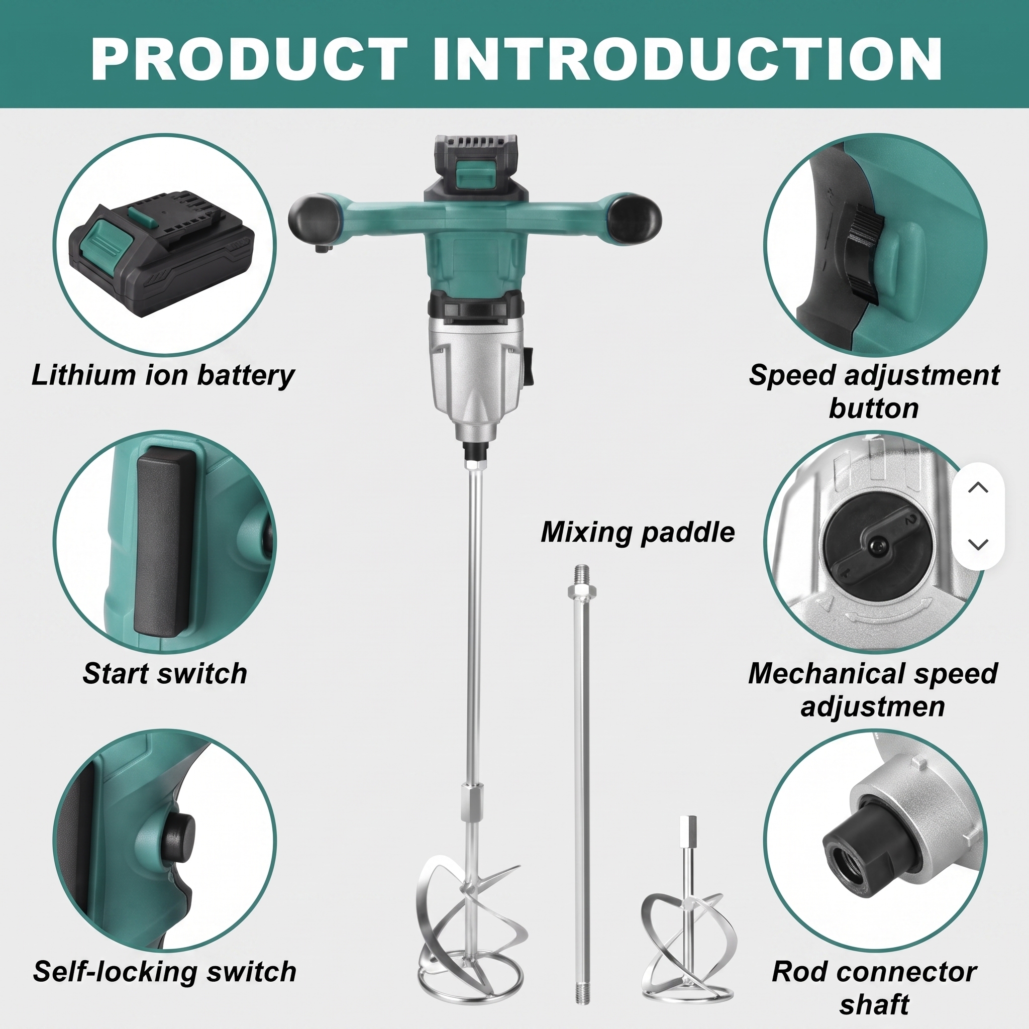 DOTOOL A708 new 20V brushless cordless mixer, dual-speed 650RPM paddle mixer, 80L, suitable for mortar, paint, gypsum Specification image
