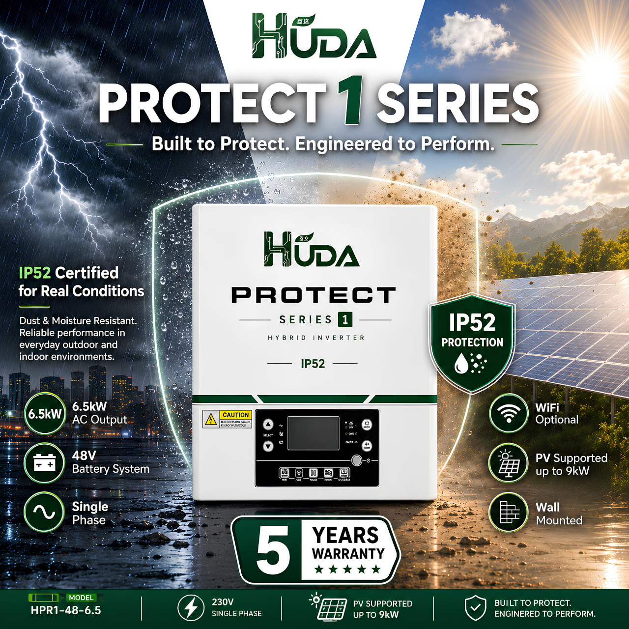 HUDA HPR1-48-6.5 6.5KW 48V Hybrid Solar inverter Home off-grid photovoltaic integrated machine with built-in 120A MPPT Item Picture