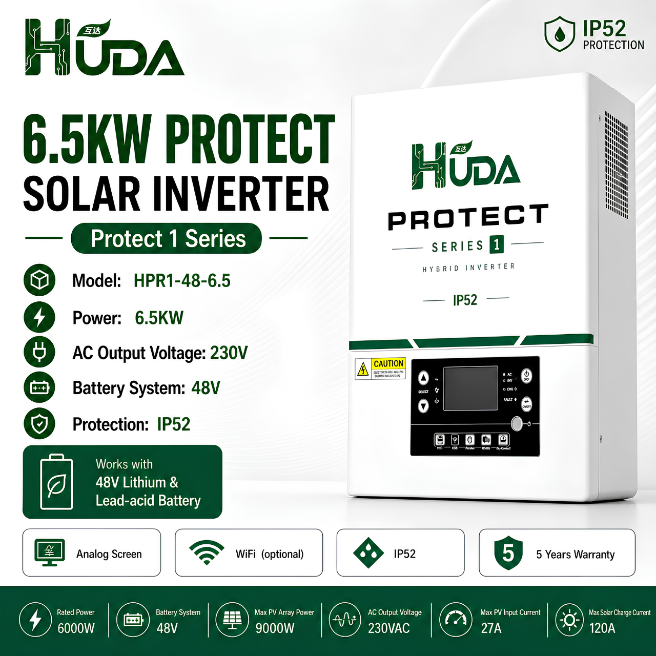 HUDA HPR1-48-6.5 6.5KW 48V Hybrid Solar inverter Home off-grid photovoltaic integrated machine with built-in 120A MPPT Specification image