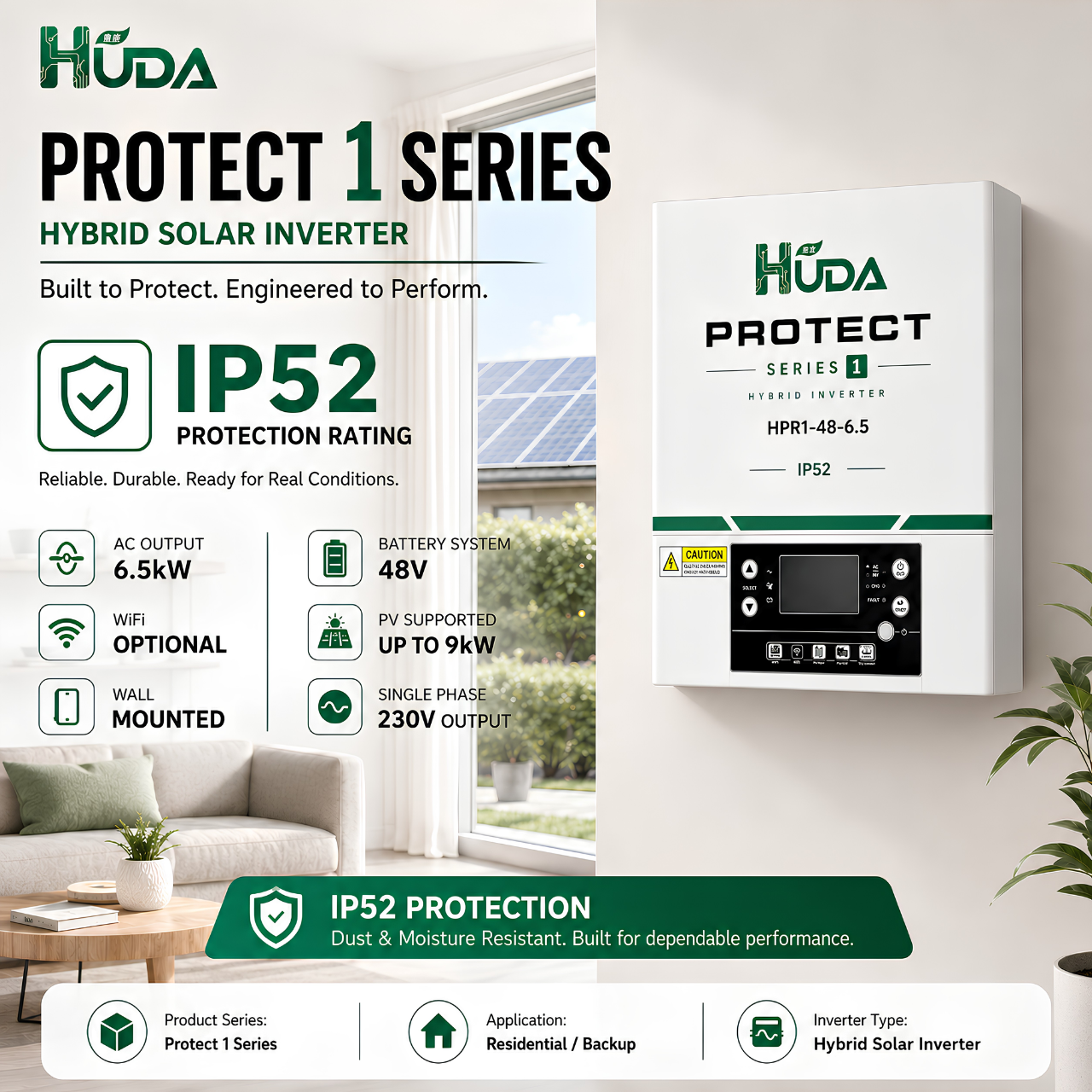 HUDA HPR1-48-6.5 6.5KW 48V Hybrid Solar inverter Home off-grid photovoltaic integrated machine with built-in 120A MPPT Application Scenario