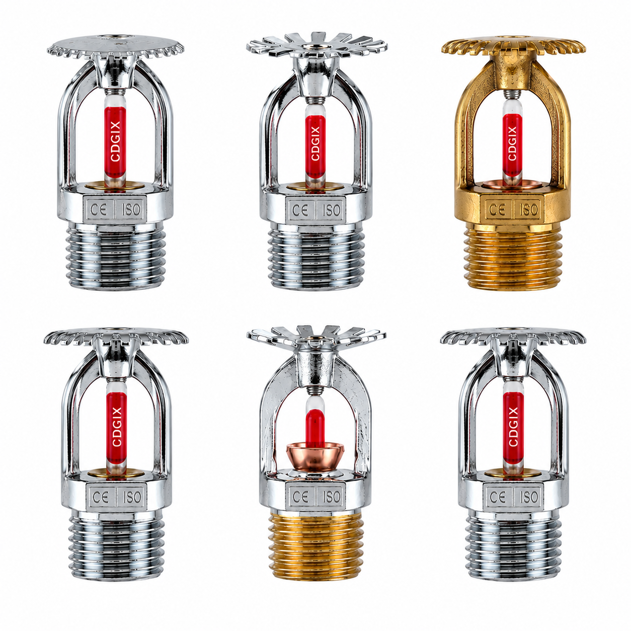 Metal material fuego rociador cabeza seis varios diseño plata oro con logotipo rojo tubo de vidrio CEISO certificado extintor combo set