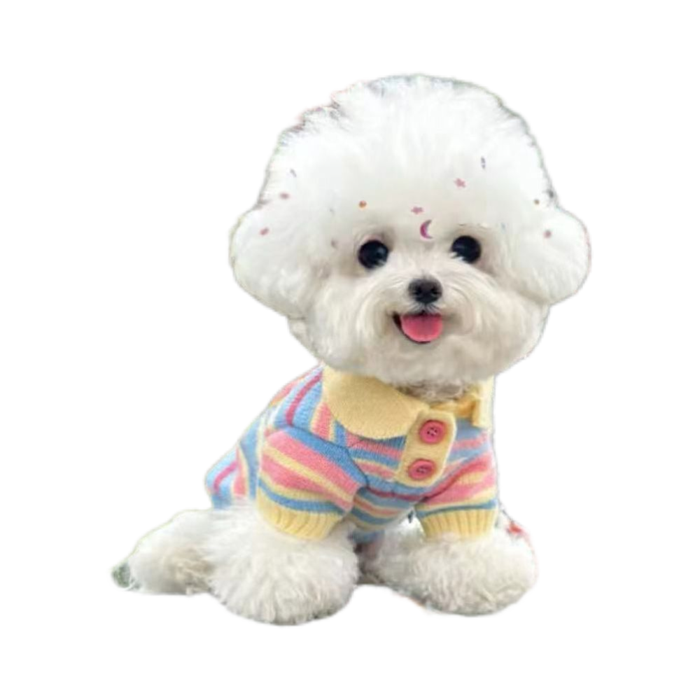 Macaron striped lapel pet sweater, sweet striped knitted puppy clothes, Teddy Bichon Frise small dog autumn and winter top Item Picture