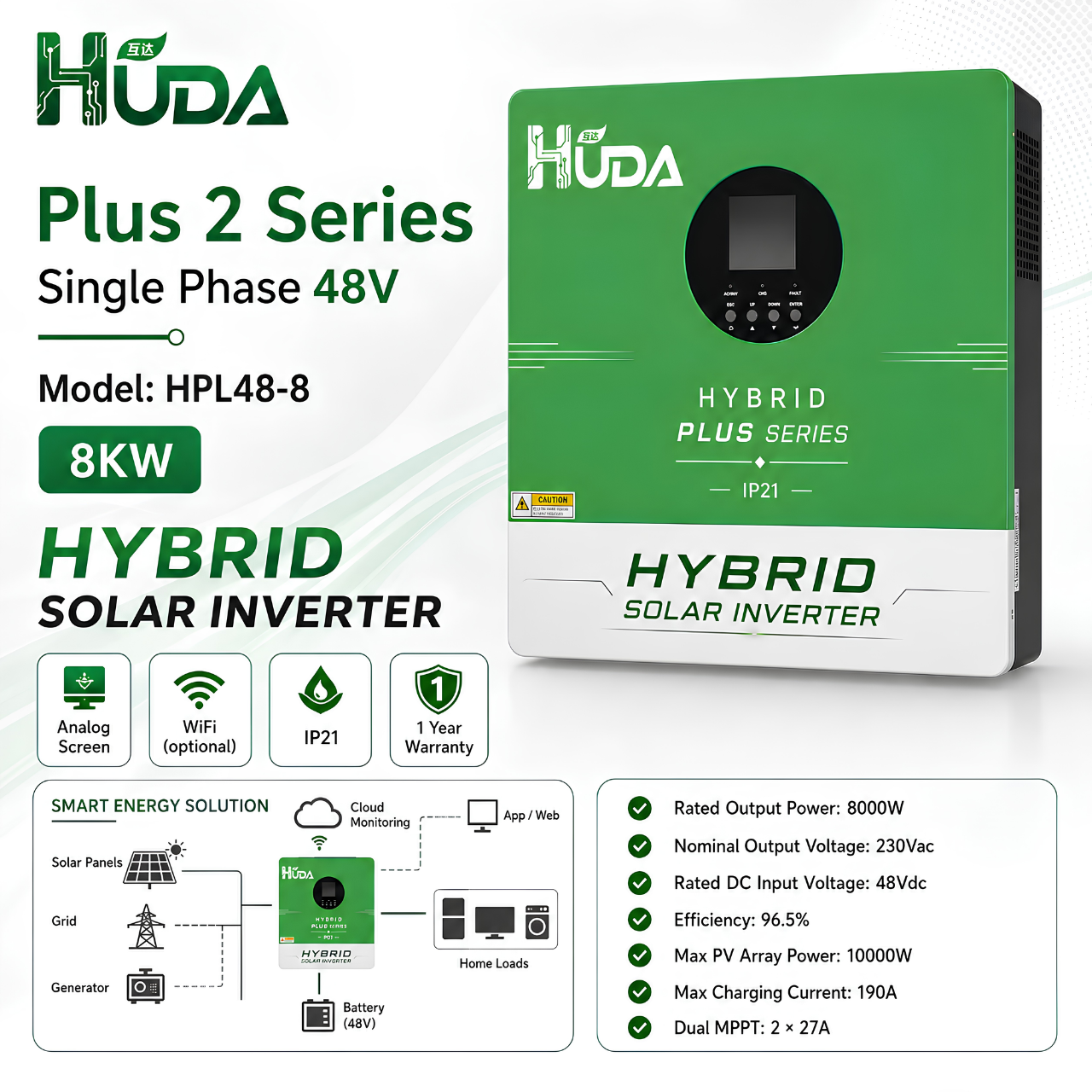 وكانت وحدة الطاقة الشمسية الهجينة Huda HPL48-48V تحتوي على 2،95a MPPT في أجهزة الفولطية الضوئية المنزلية خارج الشبكة