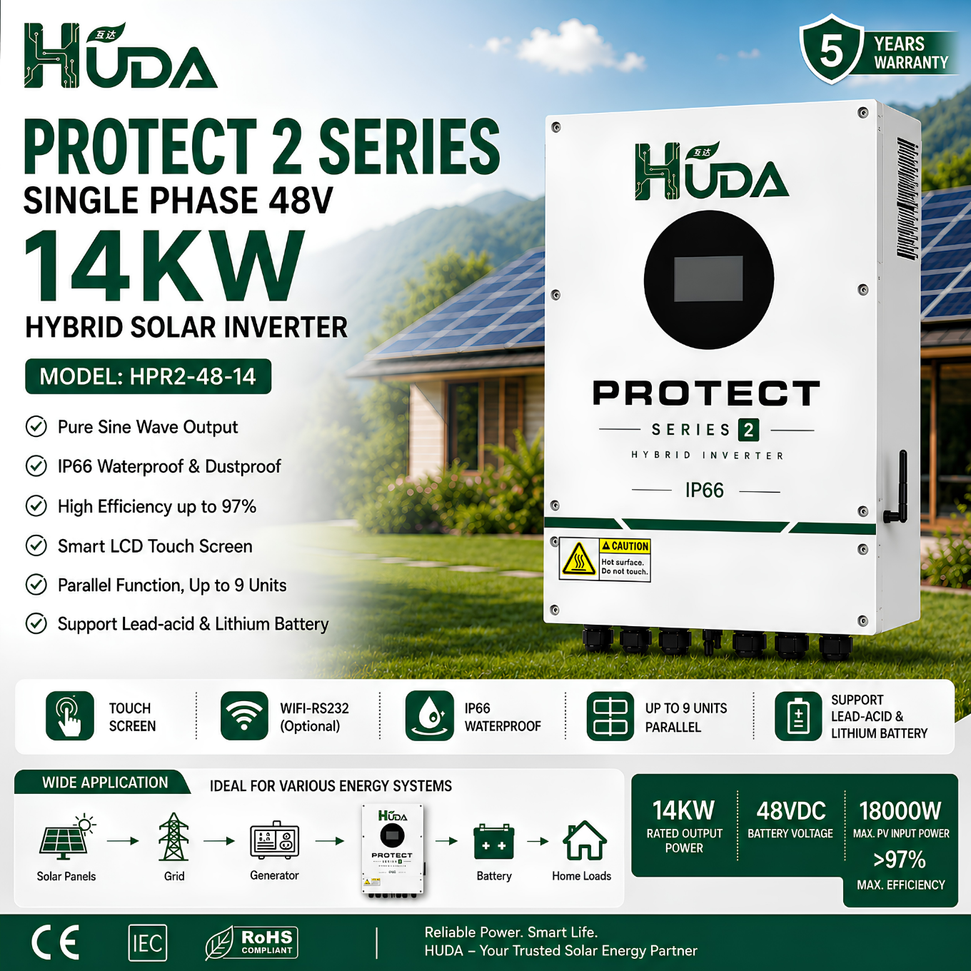HUDA HPR2-48-14 14KW 48V Hybrid Solar inverter Home off-grid photovoltaic integrated machine with built-in 3*40A MPPT