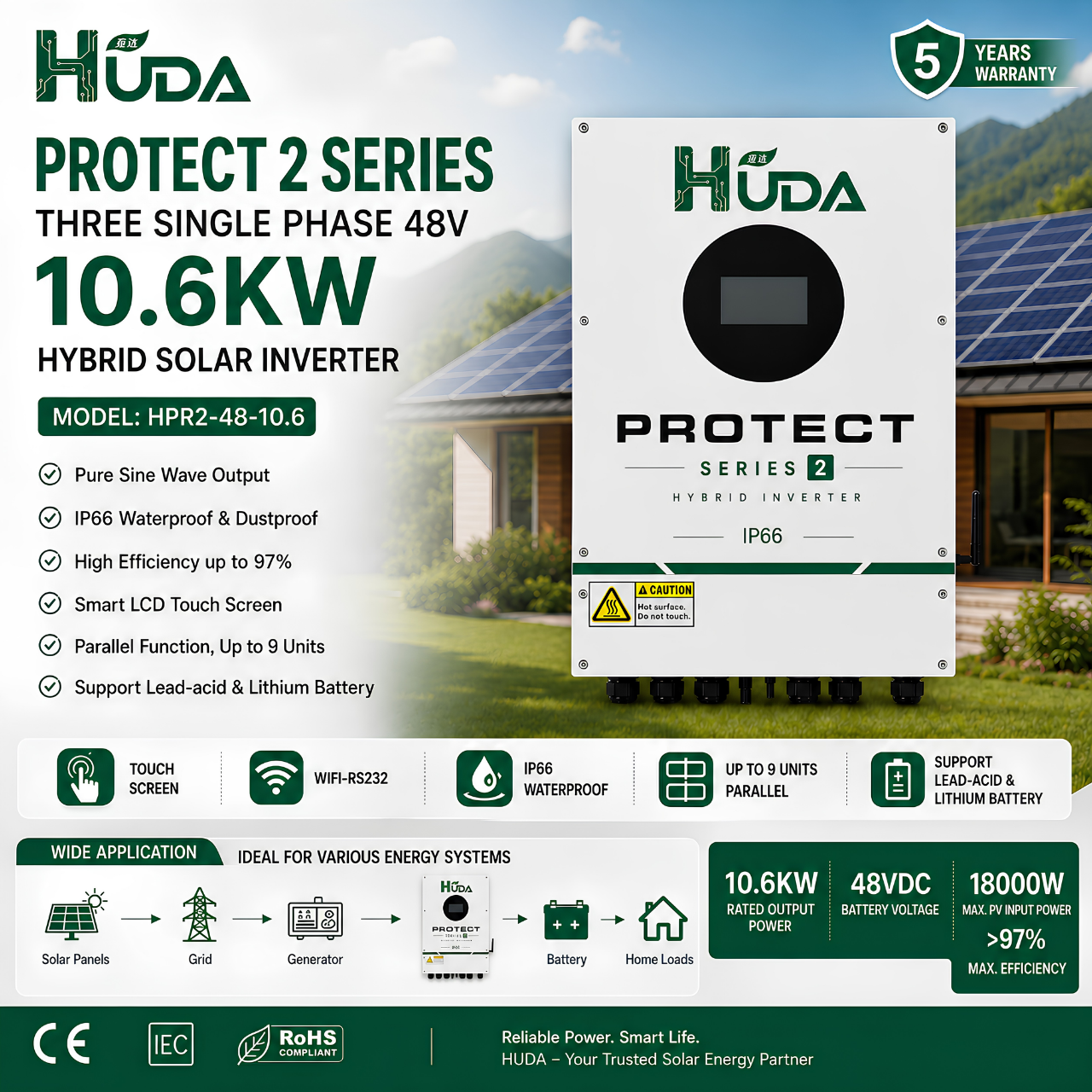 HUDA HPR2-48-10.6 10.6KW 48V Hybrid Solar inverter Home off-grid photovoltaic integrated machine with built-in 2*105A MPPT