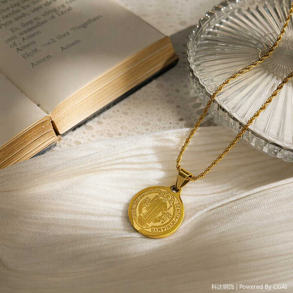 Golden stainless steel Saint Benedict round pendant necklace with twisted chain, anti-tangling, versatile and personalized religious necklace Application Scenario