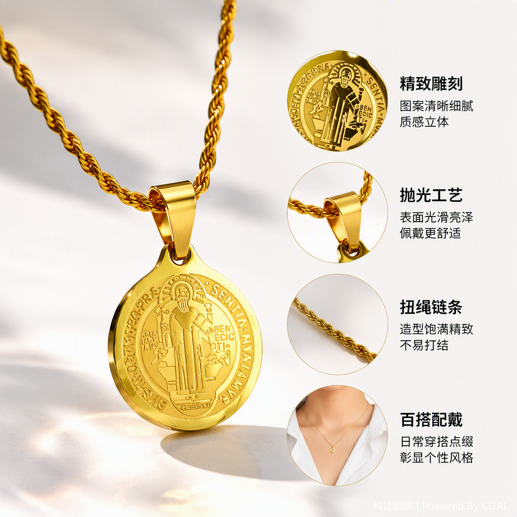 Golden stainless steel Saint Benedict round pendant necklace with twisted chain, anti-tangling, versatile and personalized religious necklace full image
