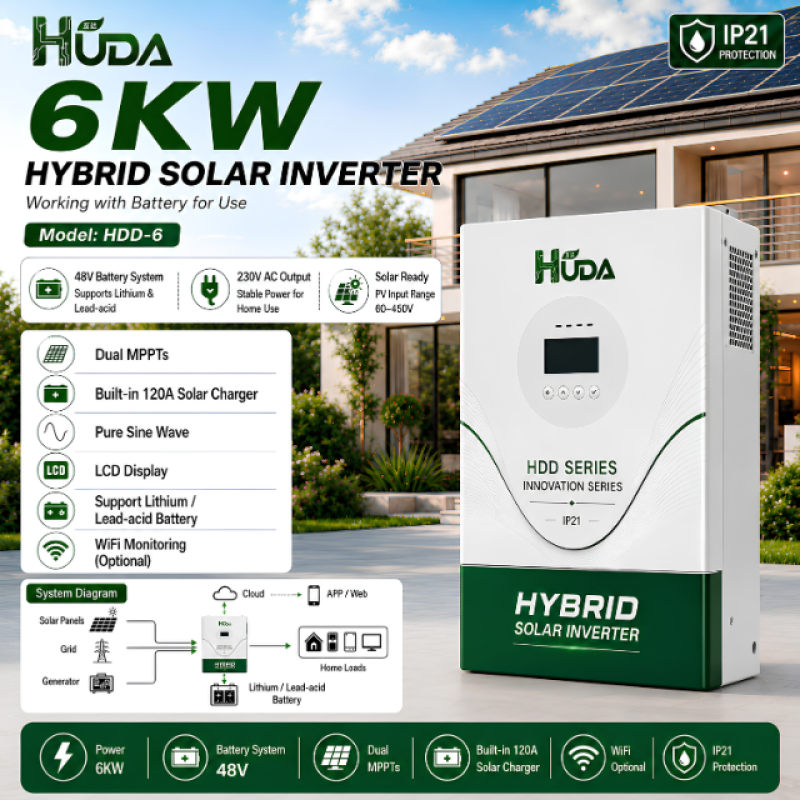 HUDA HDD-6 6KW 220V Hybrid Solar Inverter Home Off-grid Photovoltaic Integrated Machine Item Picture