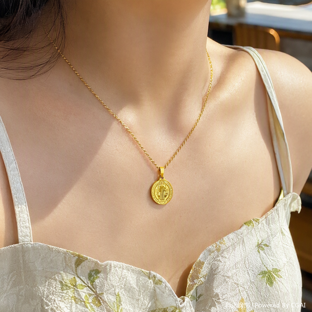 Golden stainless steel Saint Benedict round pendant necklace with twisted chain, anti-tangling, versatile and personalized religious necklace details Picture