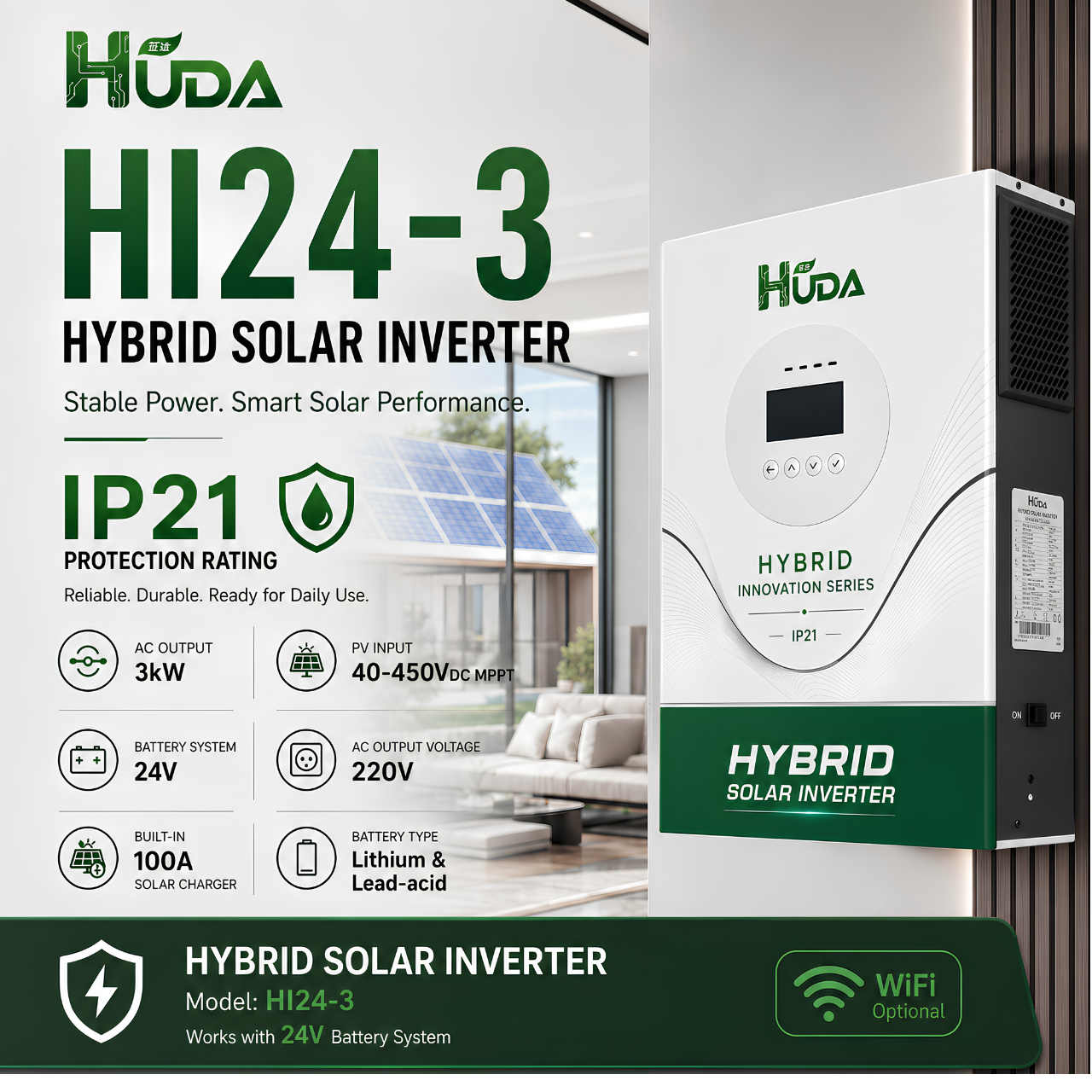 HUDA HI24-3 3KW 24V Hybrid Solar inverter Home off-grid photovoltaic Integrated machine with built-in 100A MPPT Application Scenario