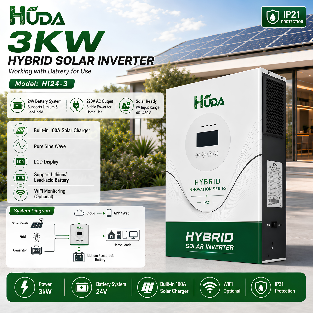 HUDA HI24-3 3KW 24V Hybrid Solar inverter Home off-grid photovoltaic Integrated machine with built-in 100A MPPT Specification image