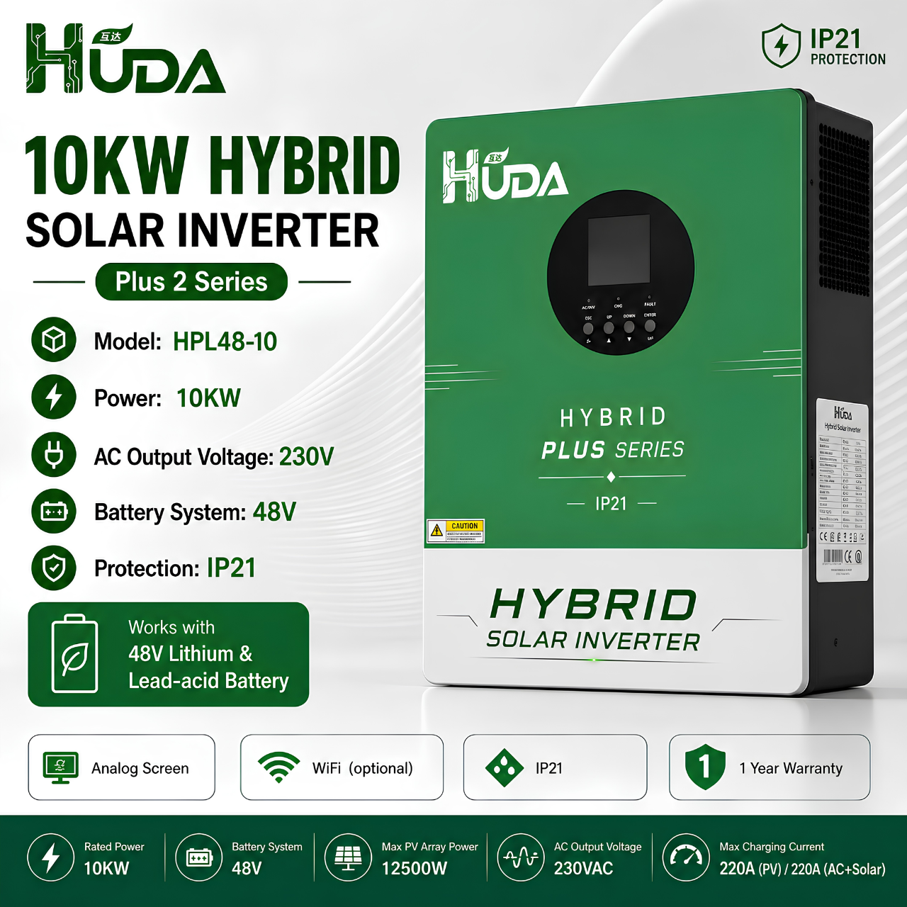 HUDA HPL48-10 10KW 48V Hybrid Solar inverter Home off-grid photovoltaic integrated machine with built-in 2*110A MPPT
