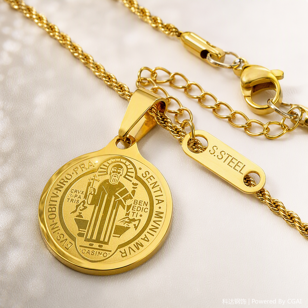 Golden stainless steel Saint Benedict round pendant necklace with twisted chain, anti-tangling, versatile and personalized religious necklace Specification image