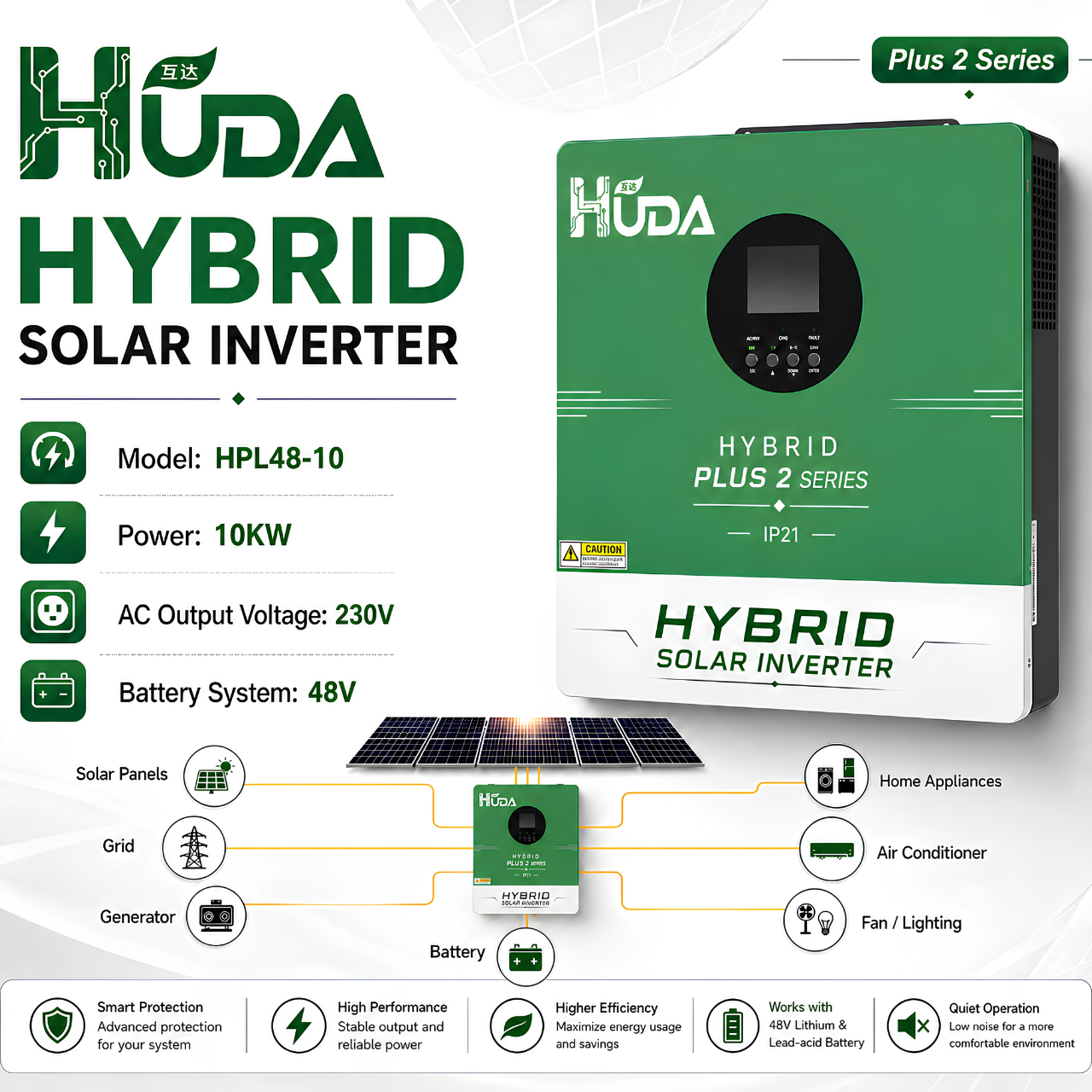 جهاز Huda HPL48-10 10 كيلوفولط ضوئية مزج بالطاقة الشمسية يحتوي على 2*110A MPPT Specification image