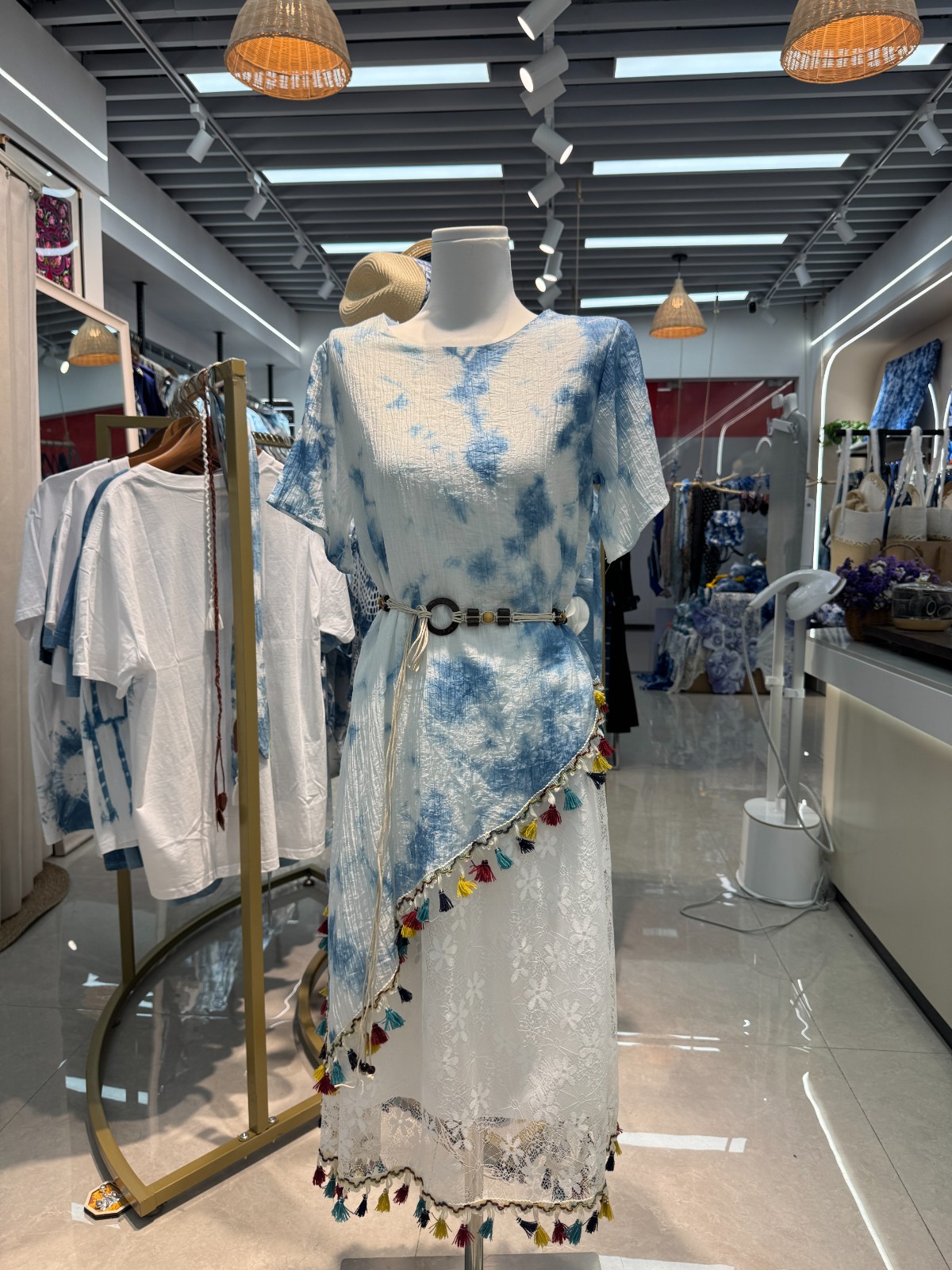 Korean long-sleeved, cinched waist tie-dyed dress, a fairy-like, Zen-inspired and sexy dress, a new summer trend and versatile style full image