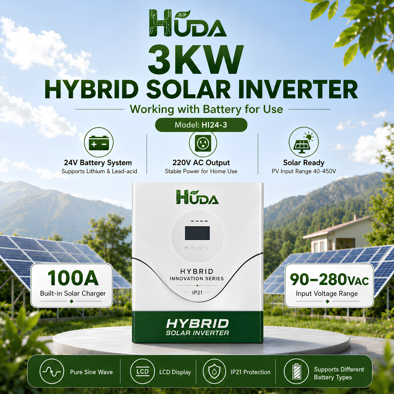 HUDA HI24-3 3KW 24V Hybrid Solar inverter Home off-grid photovoltaic Integrated machine with built-in 100A MPPT details Picture