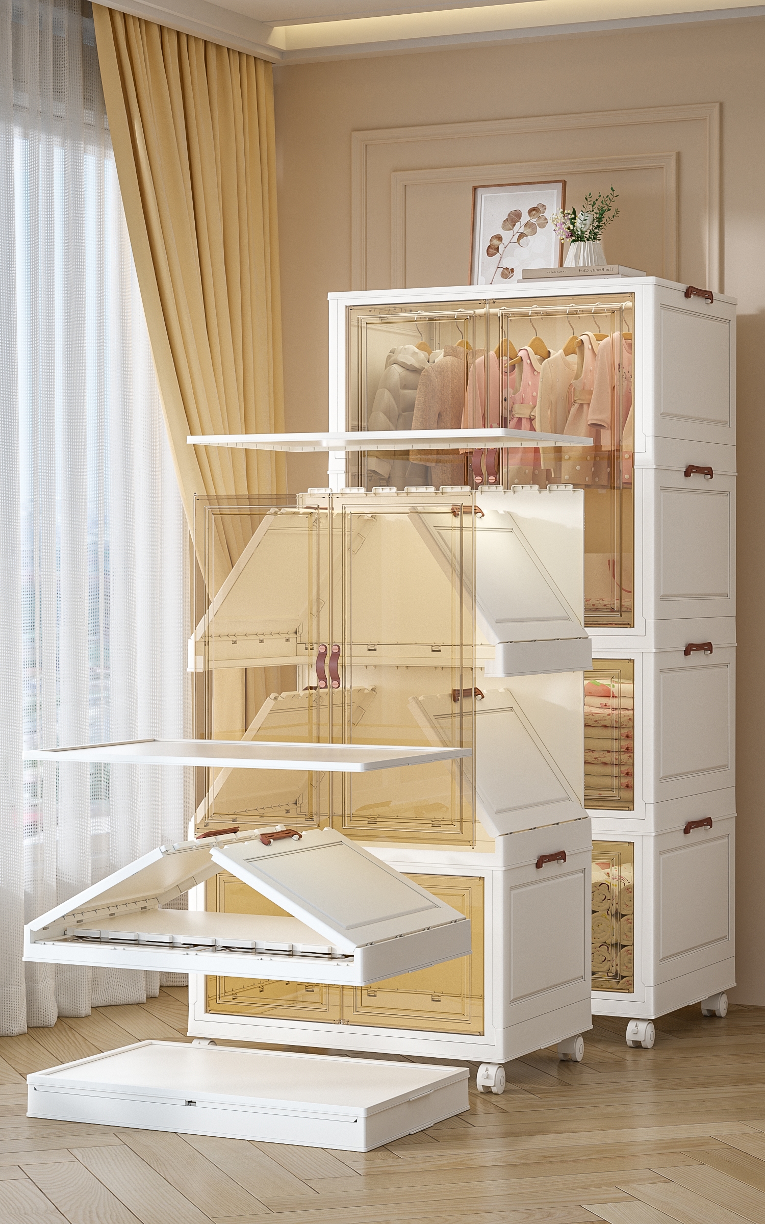 【CL】26Q3#2014-6540 Multi-layer folding bay window storage cabinet, plastic white storage cabinet, household organizing cabinet, storage box, organizing box