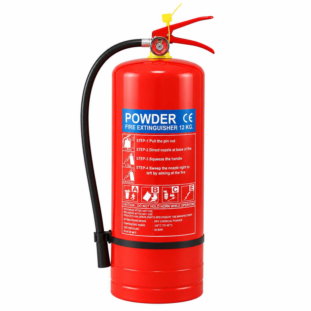 12kg ABC dry powder fire extinguisher, equipped with a long nozzle, red handle, copper natural color domestic valve and domestic red gauge, is suitable for rapid fire extinguishing in warehouses and workshops