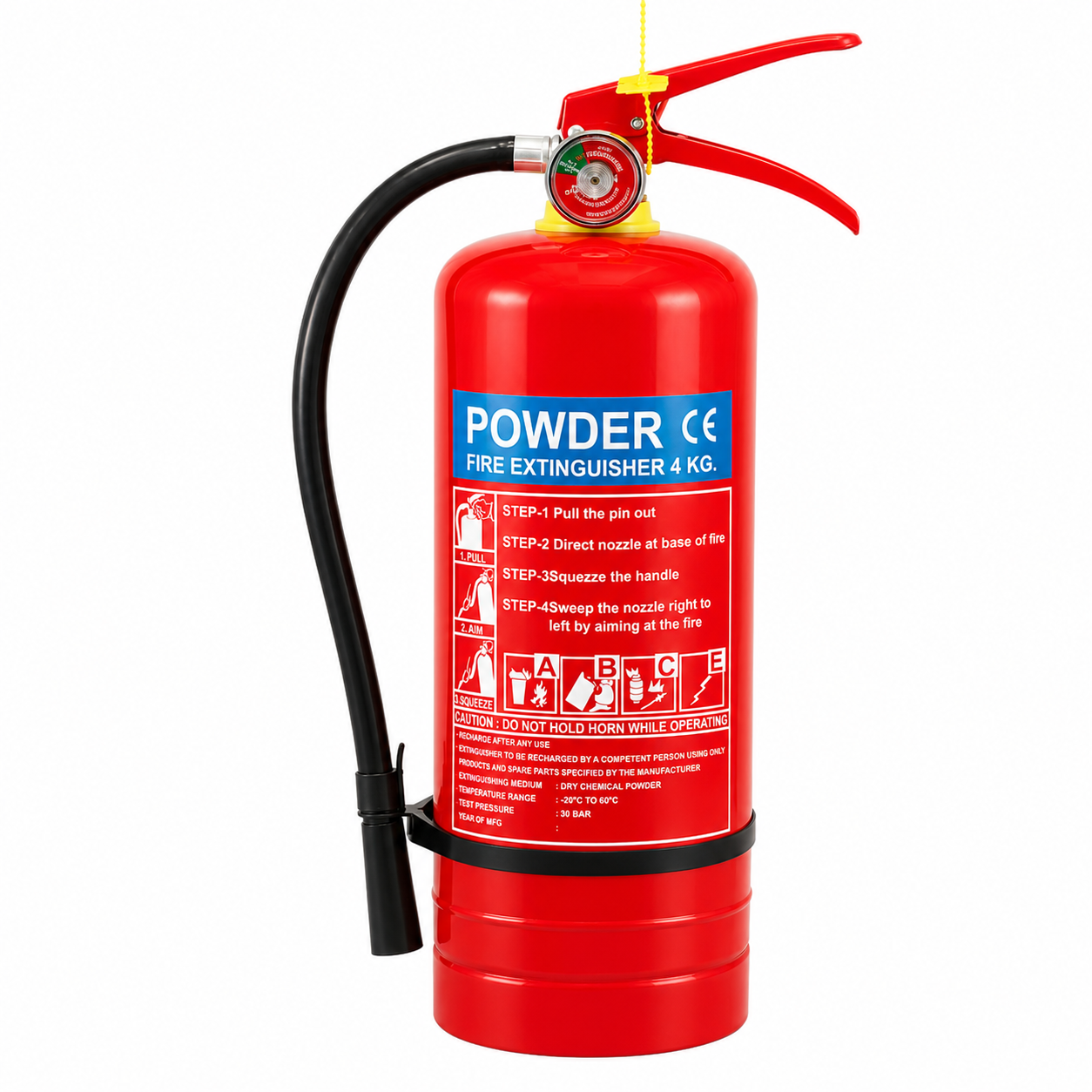 Portable ABC 4KG dry powder fire extinguisher, household workshop fire safety tool, red handle, copper original color, domestic valve + domestic red gauge