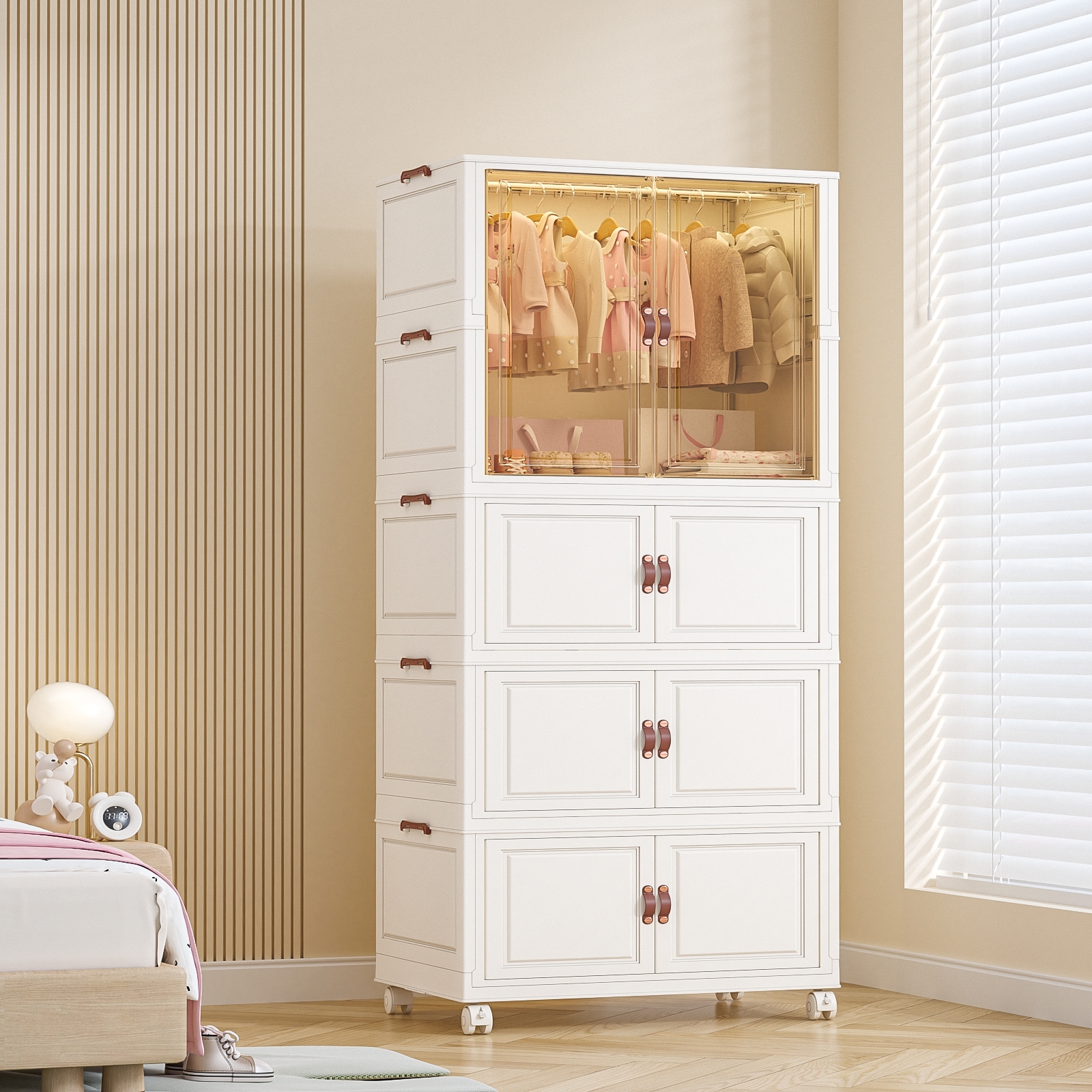 【CL】26Q3#2014-6540 Multi-layer folding bay window storage cabinet, plastic white storage cabinet, household organizing cabinet, storage box, organizing box Application Scenario