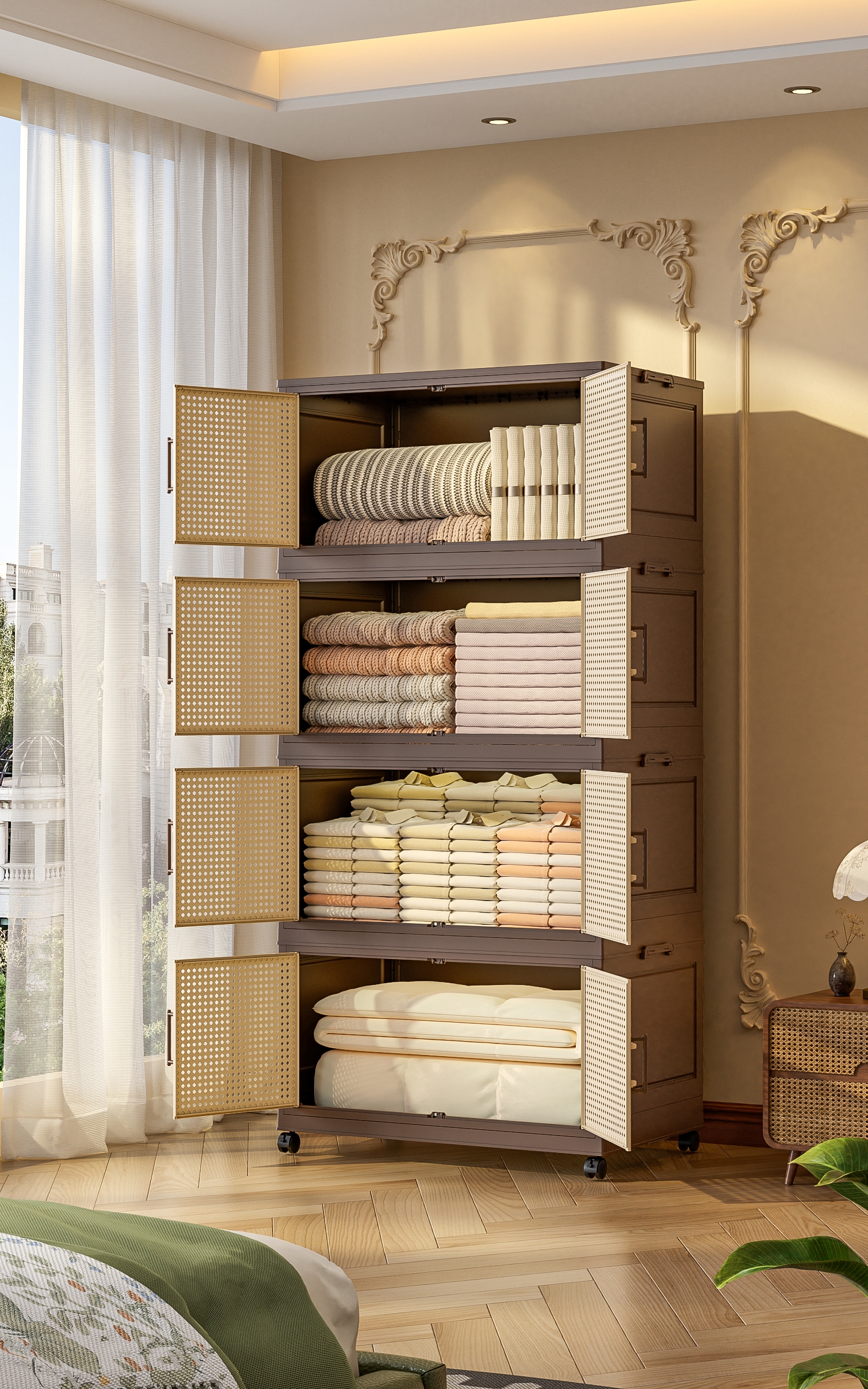【CL】26Q3#2024-5030 Retro brown multi-functional storage combination with perforated plates, bay window tea cabinet, plastic storage cabinet, sideboard, and organizing cabinet Application Scenario
