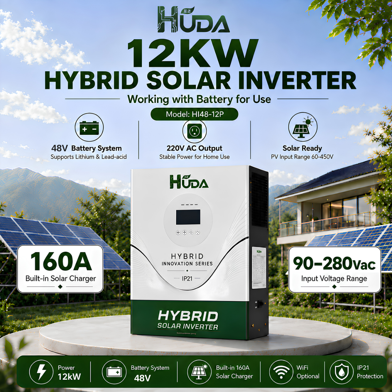 HUDA HI-48-12 12KW 48V hybrid solar inverter can be connected in parallel to up to 6 built-in 2*80A MPPTS Specification image