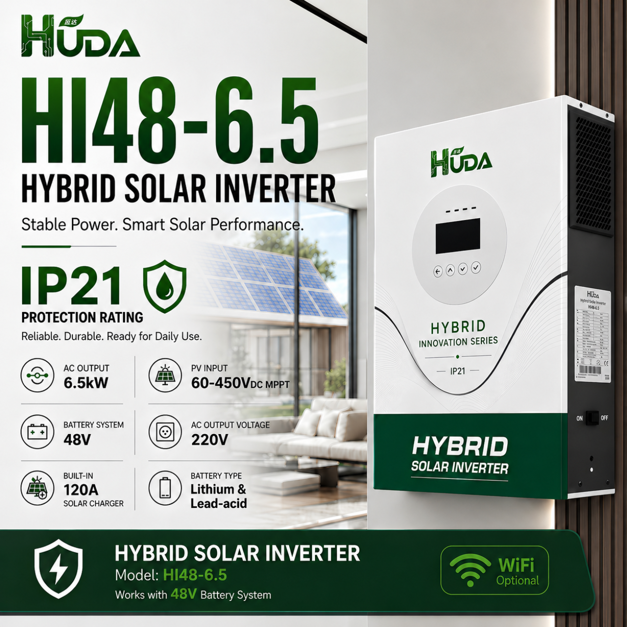 HUDA HI-48-6.5 6.5KW 48V Hybrid Solar inverter Home off-grid photovoltaic integrated machine with built-in 120A MPPT Specification image