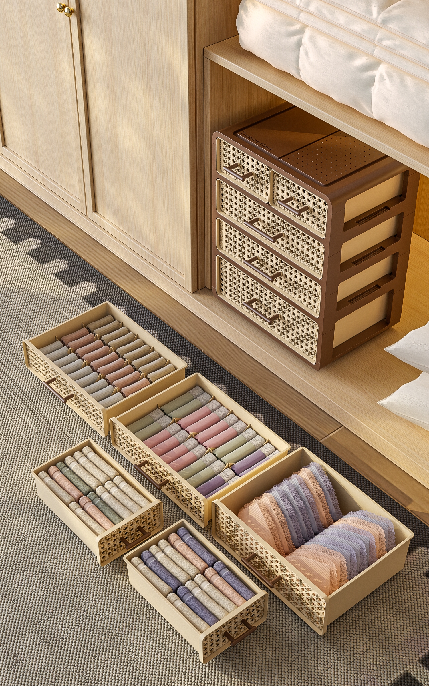 Multi-layer drawer-type rattan woven texture storage box, underwear organizing box, brown household storage box, organizing cabinet, storage box Specification image