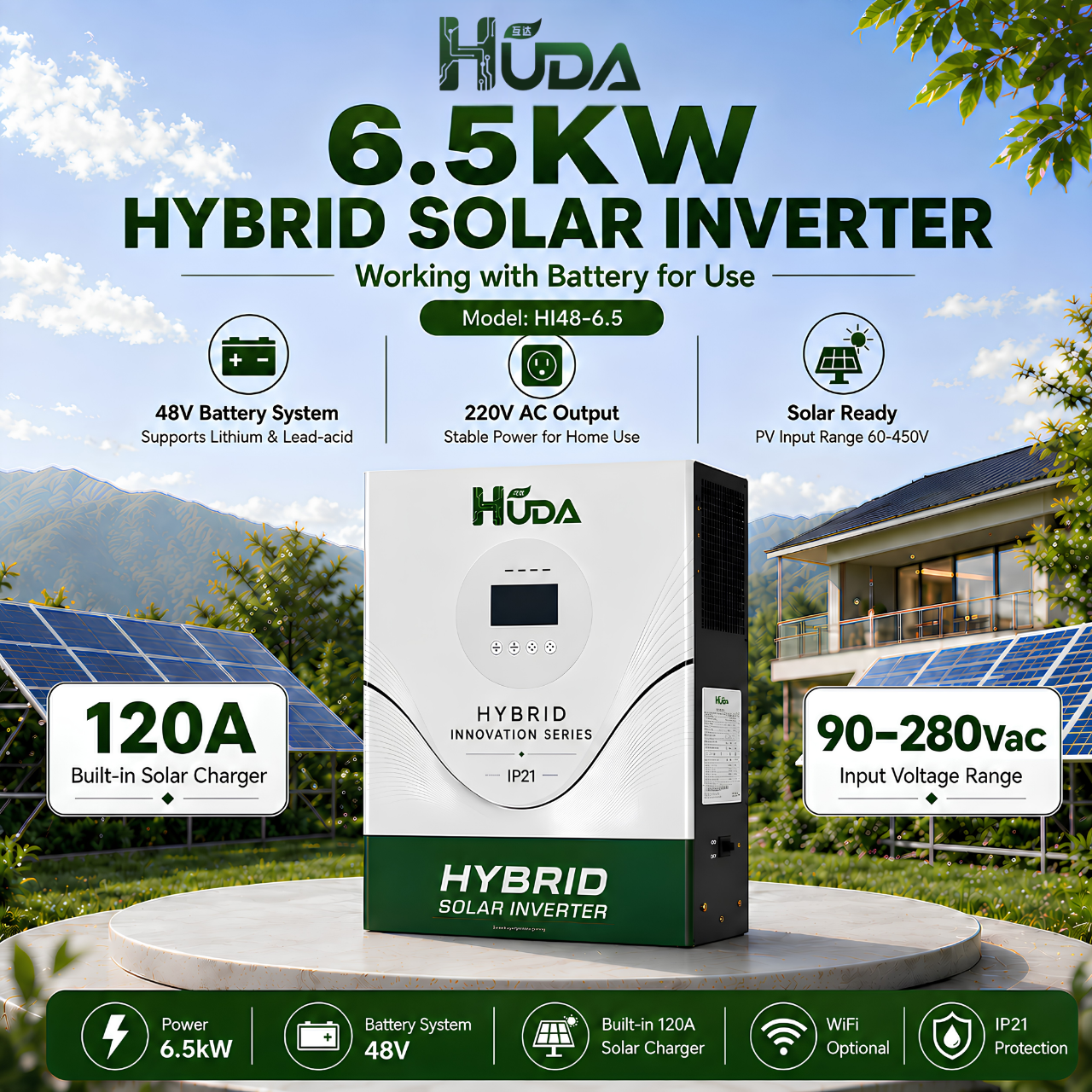HUDA HI-48-6.5 6.5KW 48V Hybrid Solar inverter Home off-grid photovoltaic integrated machine with built-in 120A MPPT Application Scenario