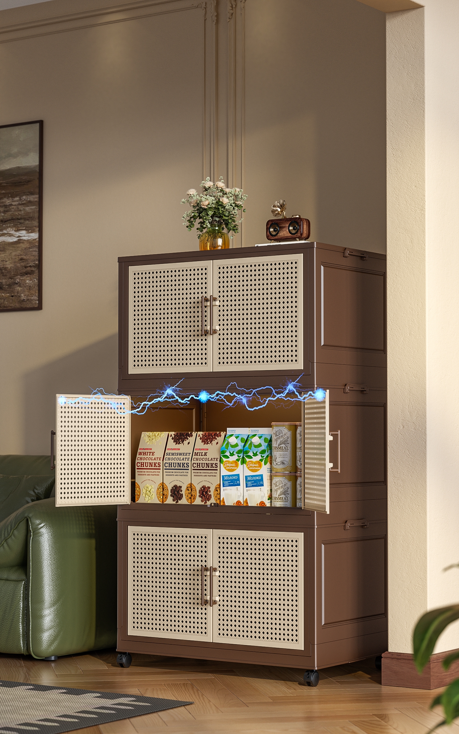 【CL】26Q3#2024-5030 Retro brown multi-functional storage combination with perforated plates, bay window tea cabinet, plastic storage cabinet, sideboard, and organizing cabinet Specification image