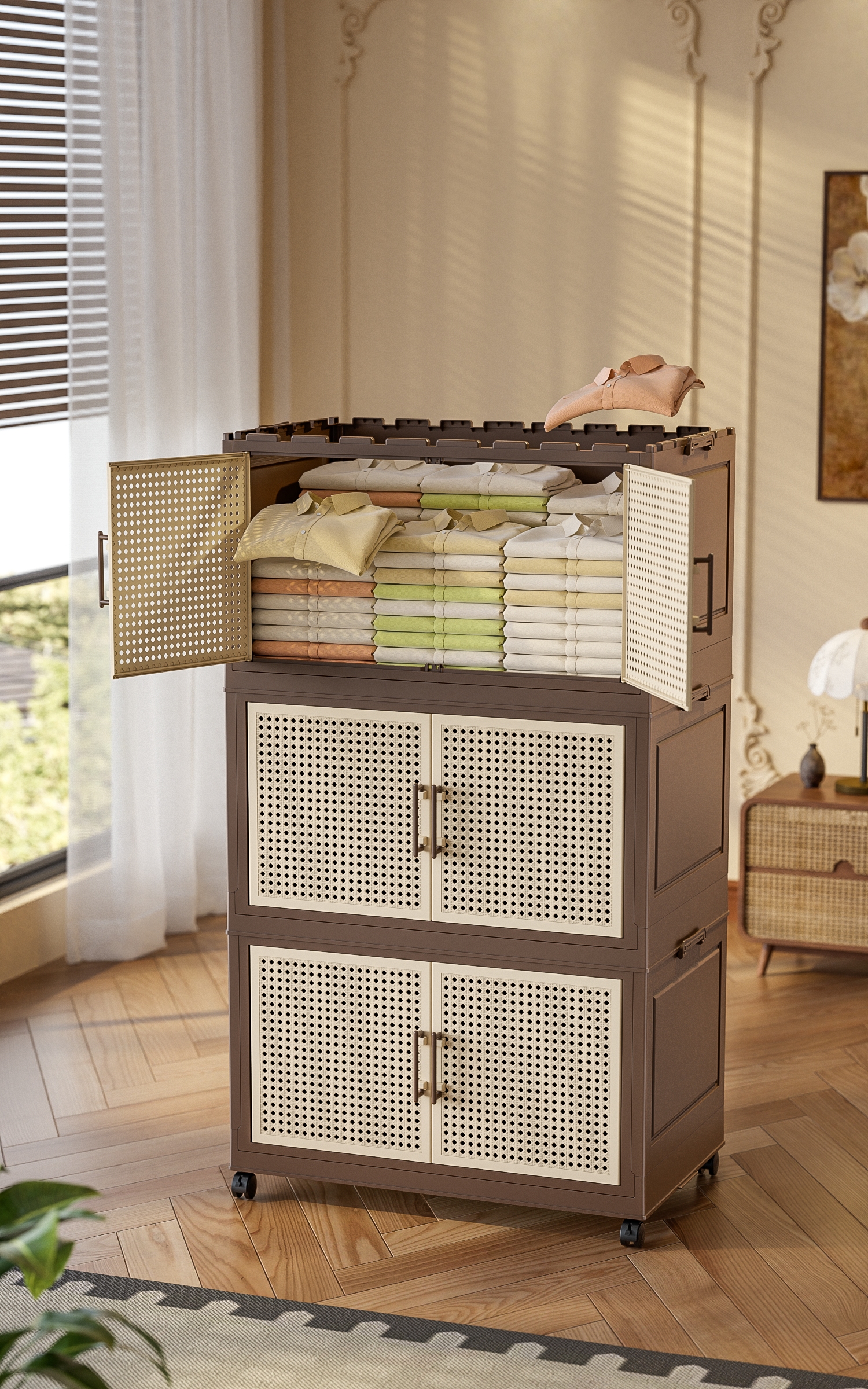 【CL】26Q3#2024-5030 Retro brown multi-functional storage combination with perforated plates, bay window tea cabinet, plastic storage cabinet, sideboard, and organizing cabinet details Picture