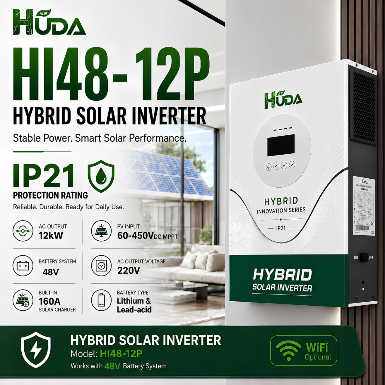 HUDA HI-48-12 12KW 48V hybrid solar inverter can be connected in parallel to up to 6 built-in 2*80A MPPTS details Picture