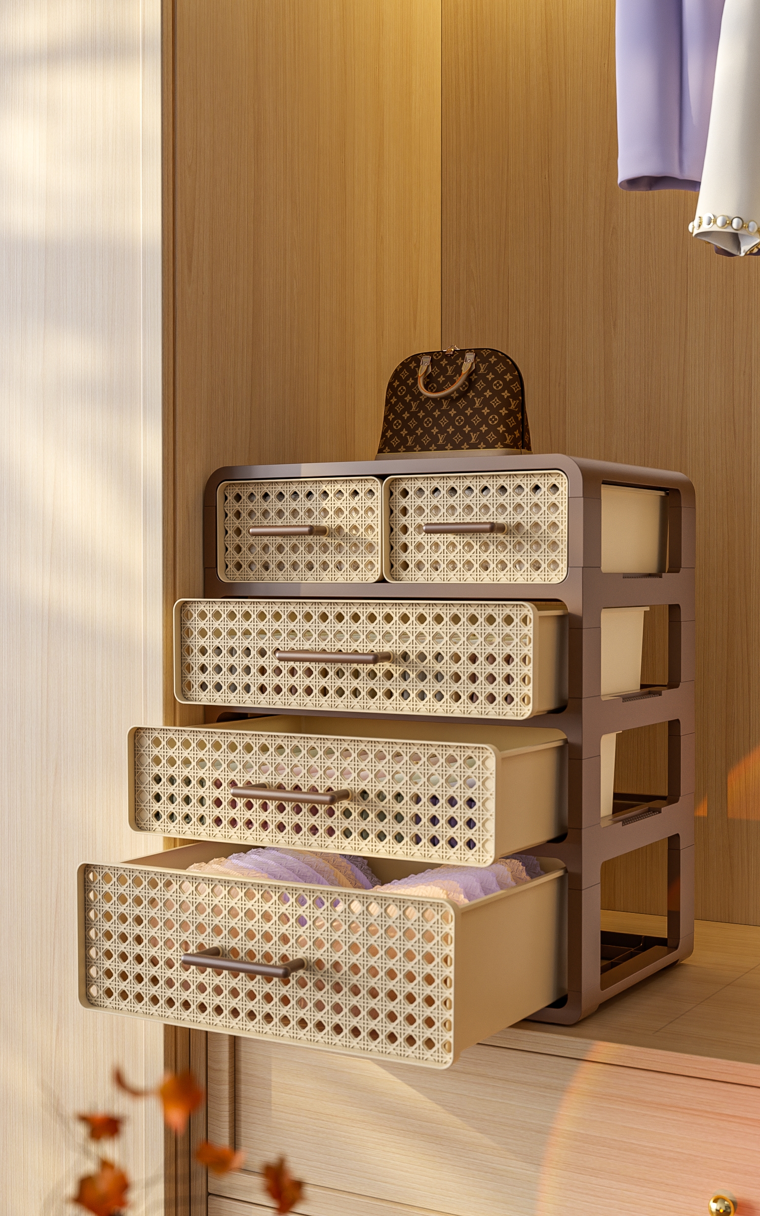 Multi-layer drawer-type rattan woven texture storage box, underwear organizing box, brown household storage box, organizing cabinet, storage box details Picture