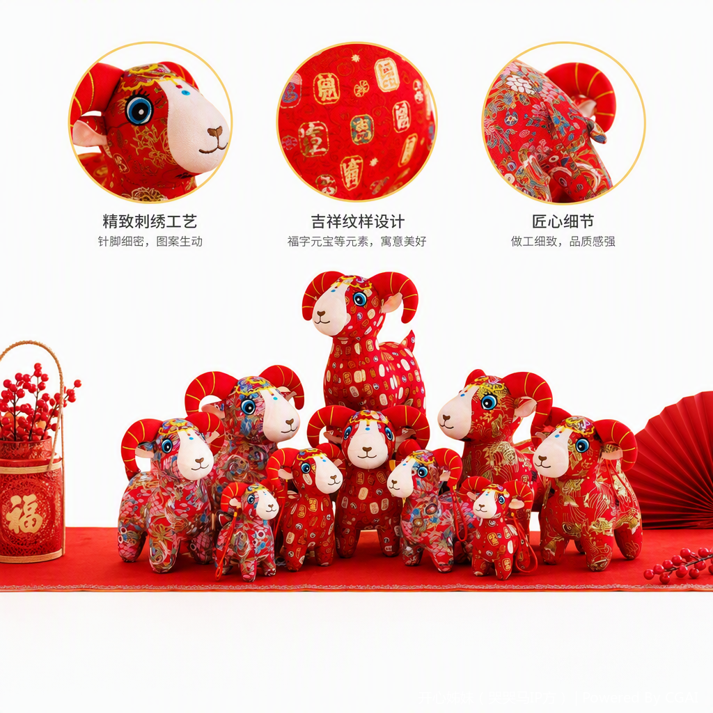 红色刺绣羊形玩偶手工布艺可爱儿童节礼物抱枕装饰品儿童玩具