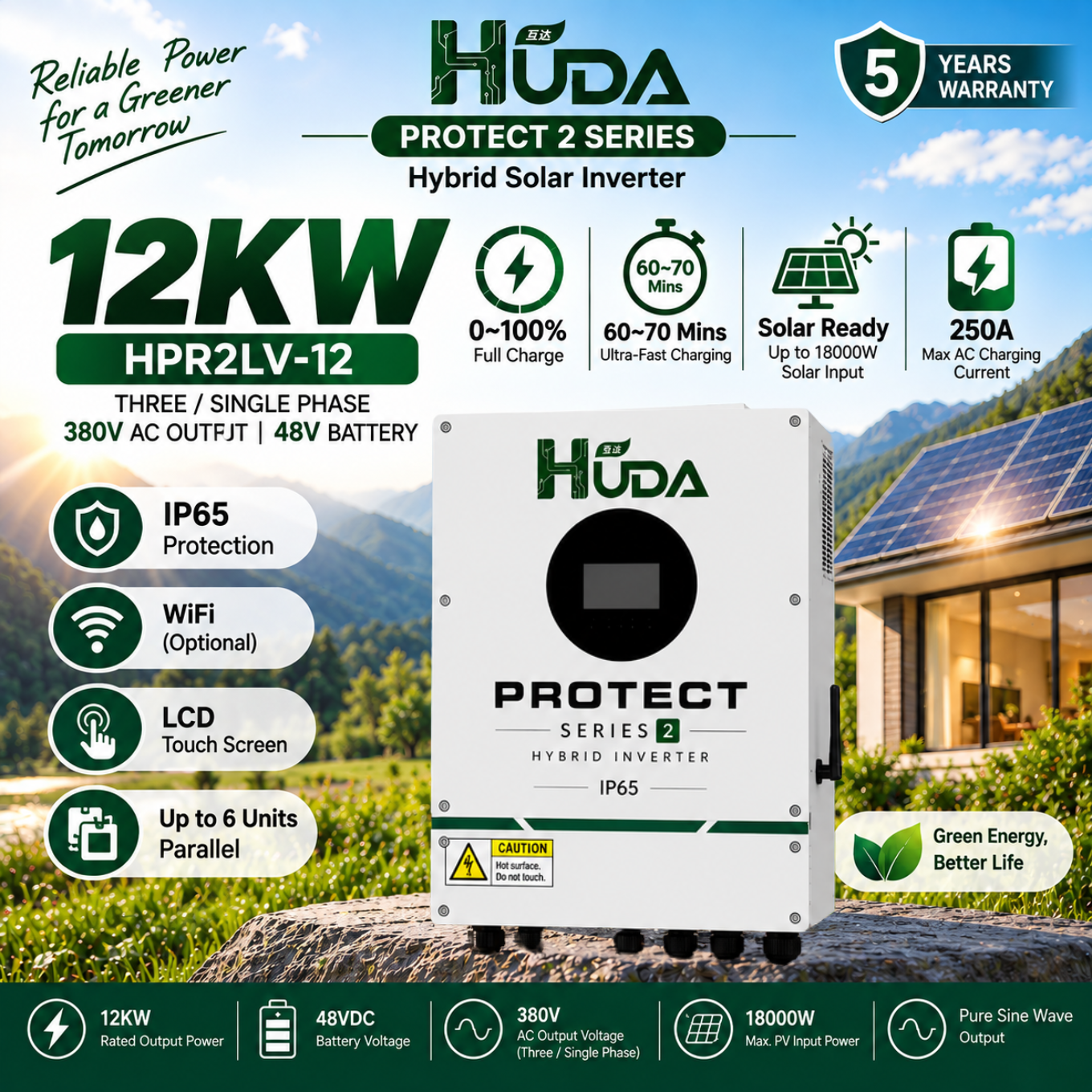 HUDA HPR2LV-12 12KW 48V Hybrid Solar inverter Home off-grid photovoltaic integrated machine with built-in 3*40A MPPT Application Scenario