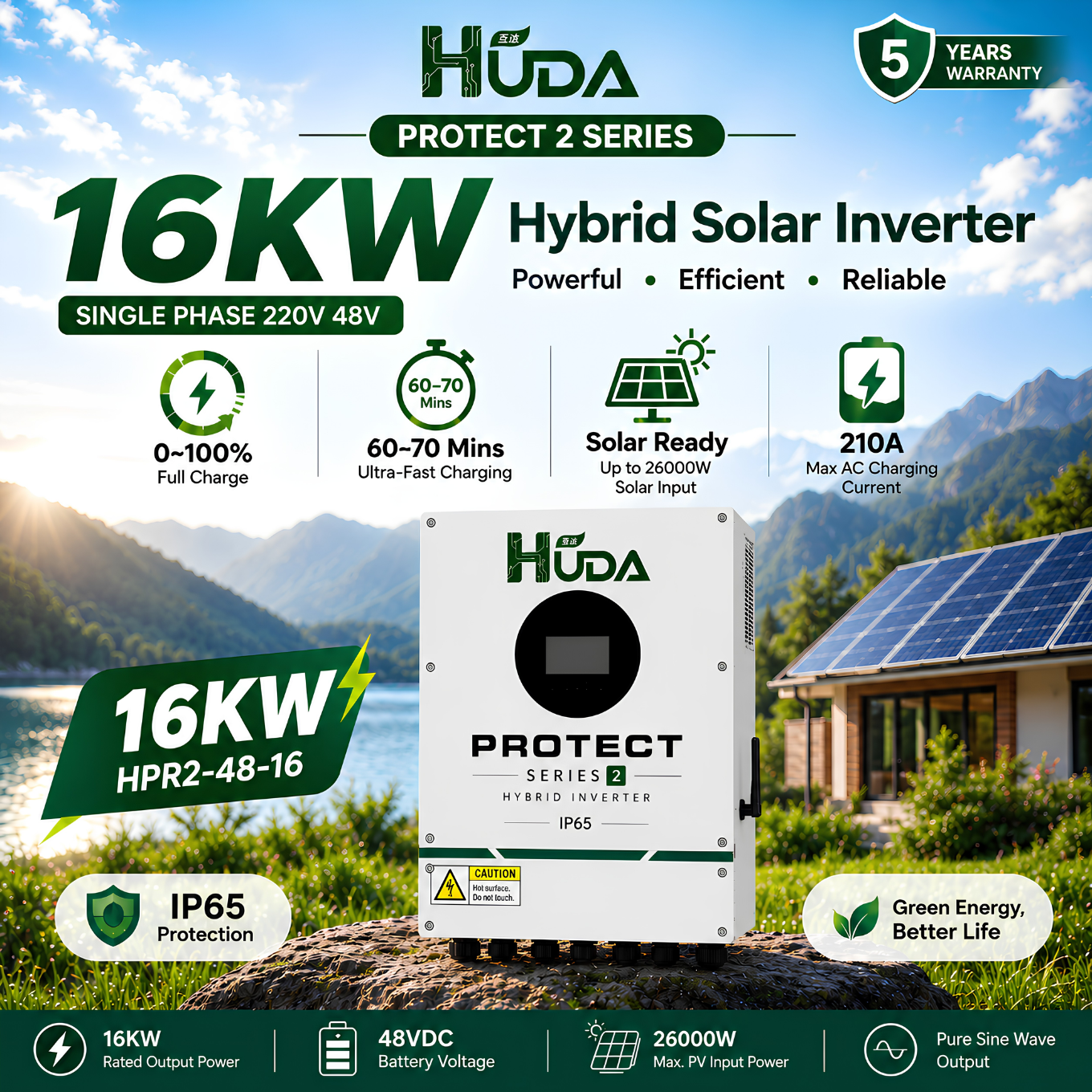HUDA HPR2-48-16 16KW 48V Hybrid Solar inverter Home off-grid photovoltaic integrated machine with built-in 3*40A MPPT Specification image