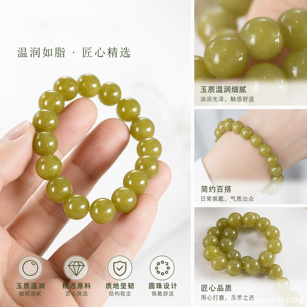 Jade avocado color fashionable bracelet for women, simple and versatile wrist accessory, trendy student couple gift, 10mm beads details Picture