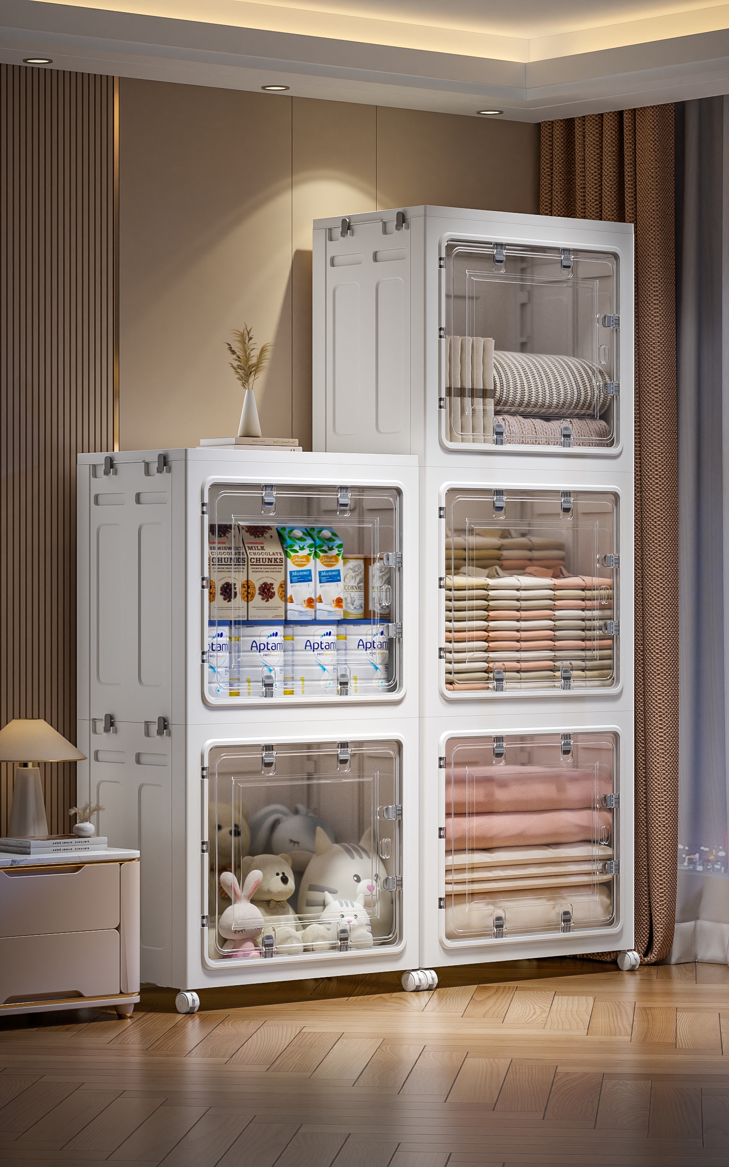 【CL】26Q3#2033 White transparent door, retro dining side bay window, plastic folding multi-functional storage cabinet, tea cabinet, storage and organization cabinet