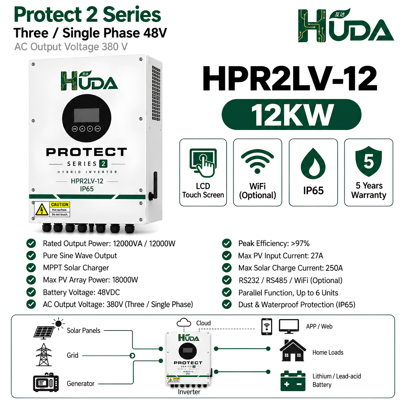 HUDA HPR2LV-12 12KW 48V Hybrid Solar inverter Home off-grid photovoltaic integrated machine with built-in 3*40A MPPT Specification image