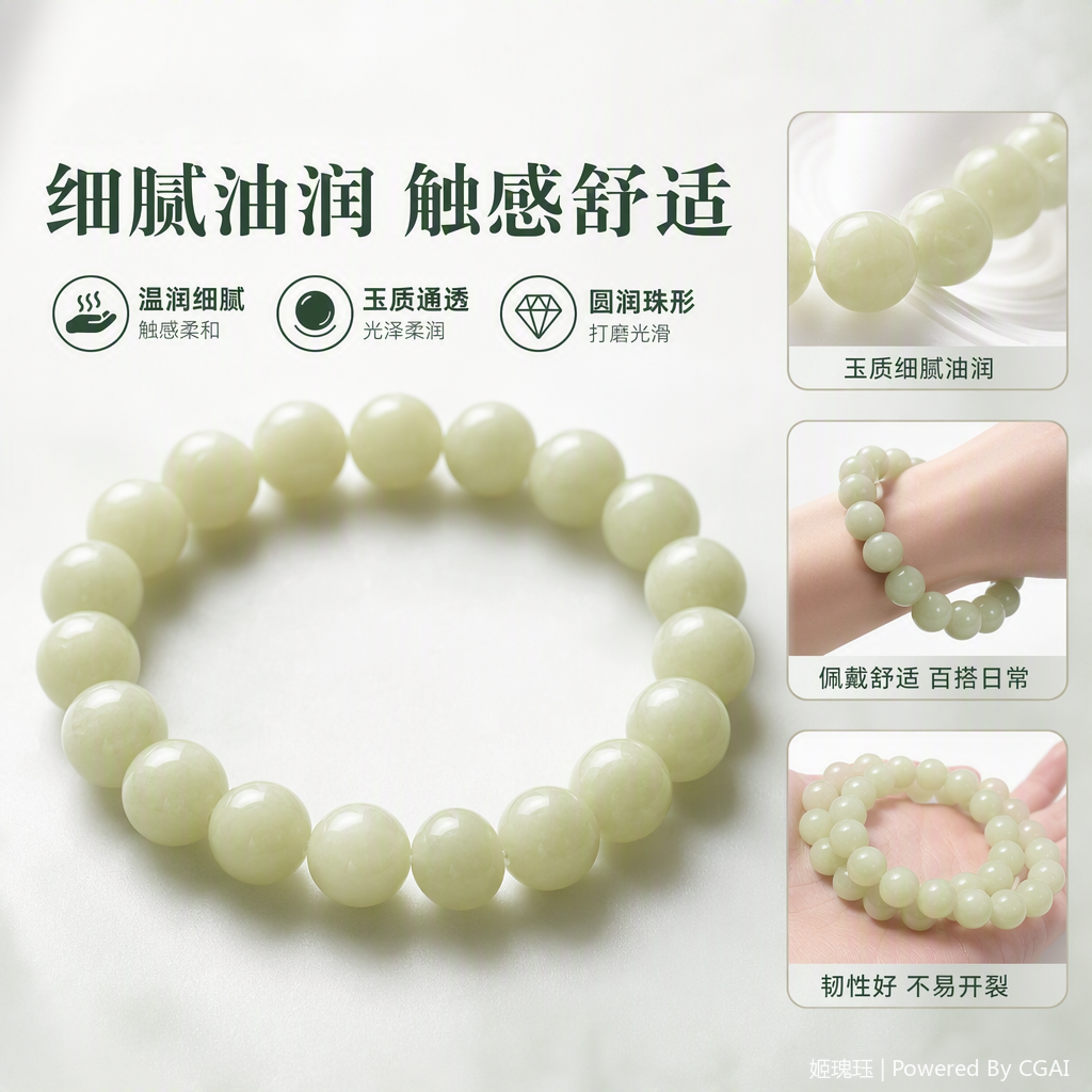 Round jujube green natural jade bracelet, Xiuyan jade bracelet, simple men's and women's style bracelet accessories, trendy and versatile, gift live stream details Picture