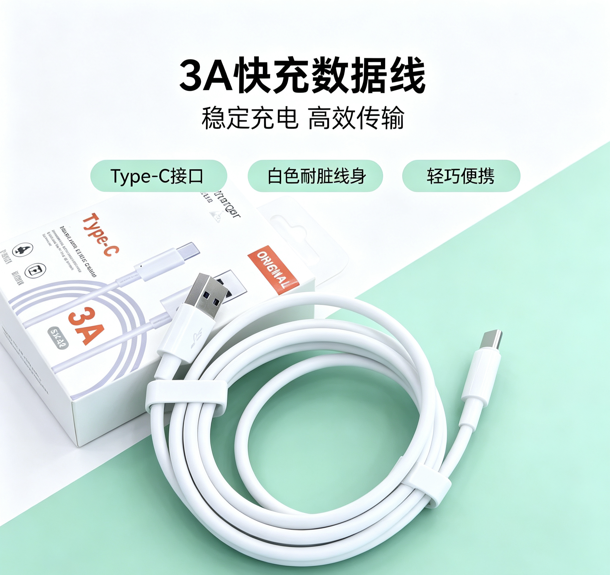 The 3A Super Fast Charging data cable is suitable for Apple, Android, Xiaomi and Huawei Type-C mobile phone charging cables