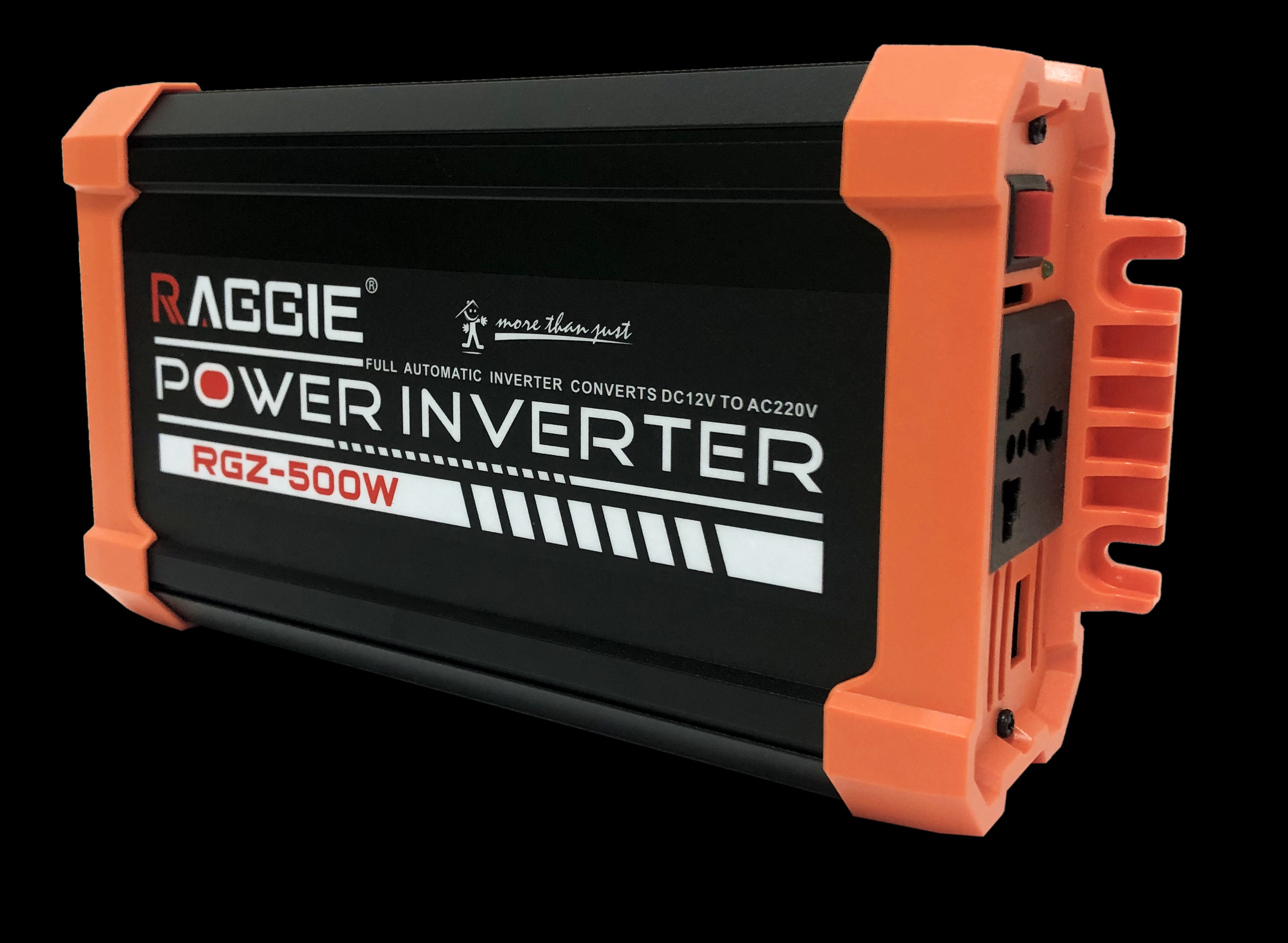 The RAGGIE RGZ series 500W modified sine wave power inverter has an efficiency of 94.8%, with a peak twice as high. It features an aluminum housing, intelligent heat dissipation, and direct AC terminal Specification image